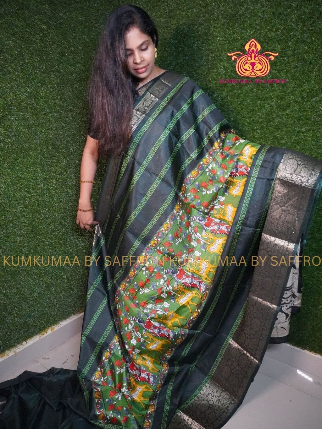 Dola Silk - COMFORTABLE FESTIVE Beautiful saree for women- GREEN COLOUR - FOREST PRINT DESIGN - ZARI BORDER - KUMKUMAA TRENDY TRADITIONAL WEAR - Comfort - Confidence - Elegance