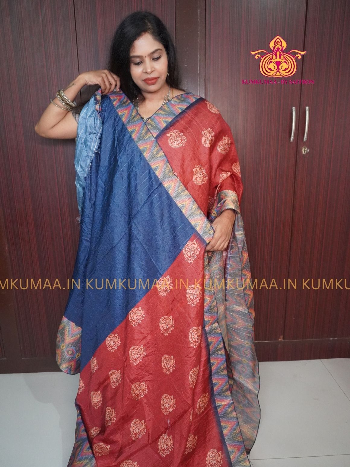 SEMI- TUSSAR SILK - RED AND MULTI COLOUR - PEACOCK DESIGN SAREE - CRUSHED BORDER - LATEST COLLECTION - KUMKUMAA BY SAFFRON - UNIQUE DESIGN