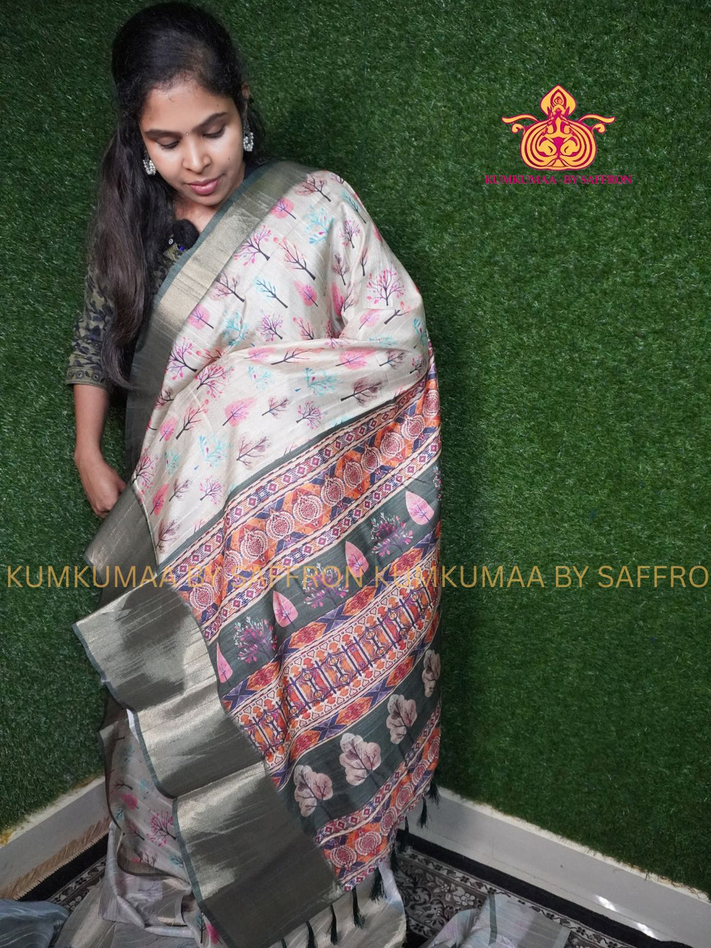 TUSSAR SILK - BEIGE OLIVE GREEN - FLOWER DESIGN SAREE - FALL TREE DESIGN ZARI WEAVING BORDER - LATEST COLLECTION - KUMKUMAA BY SAFFRON - UNIQUE DESIGN
