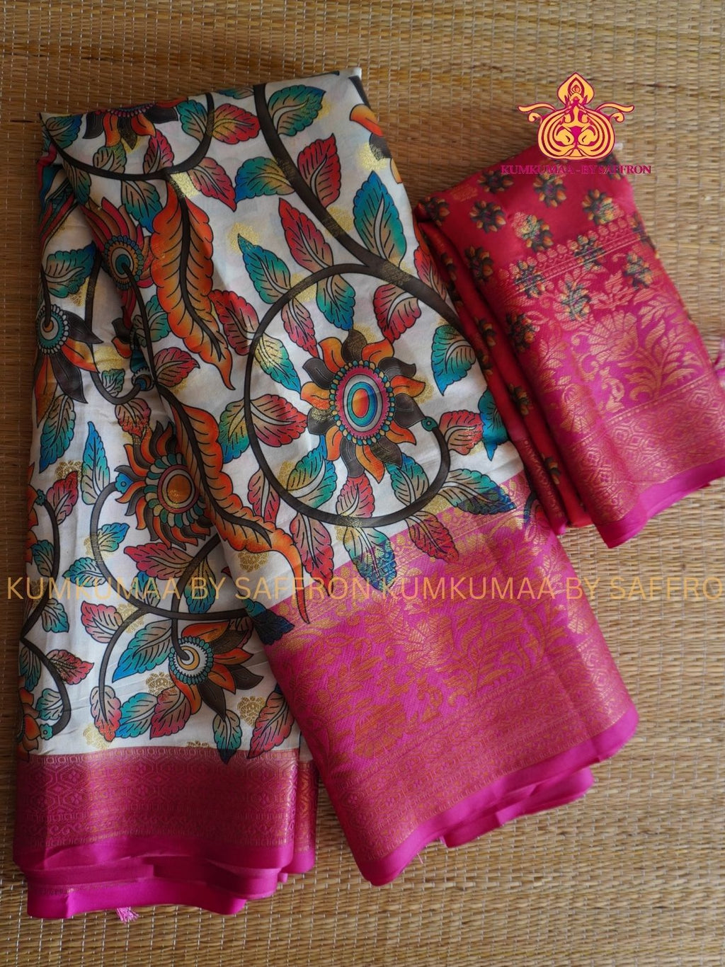 Banarasi- WHITE WITH PINK KALAMKARI PRINTED - Beautiful saree for women - FESTIVE ETHNIC WEAR - GRAND SAREE FOR ALL FUNCTIONS- KUMKUMAA UNIQUE SAREES