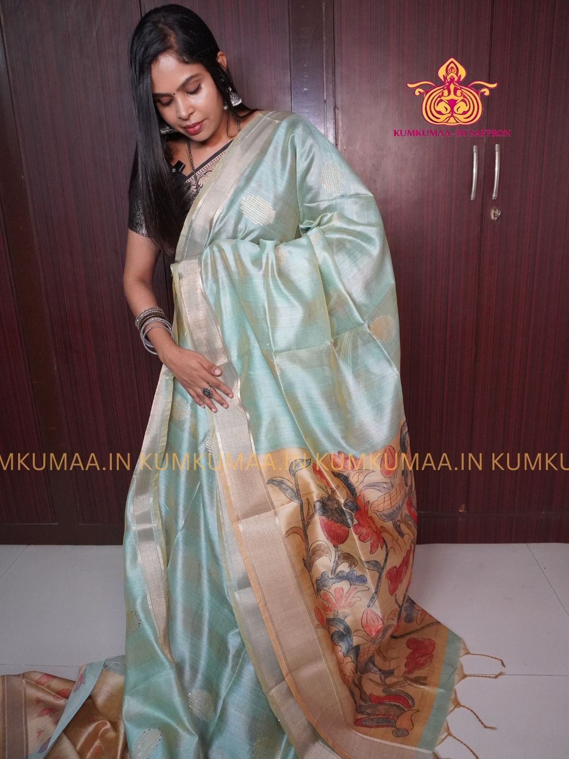 COTTON SILK- TEAL GREEN AND BEIGE SAREE WITH BLOUSE - MINIMALISTIC BORDER -FLORAL DESIGN PRINTED- Kumkumaa FESTIVE - OCCASION ELEGANCE - STYLISH AND BEAUTIFUL