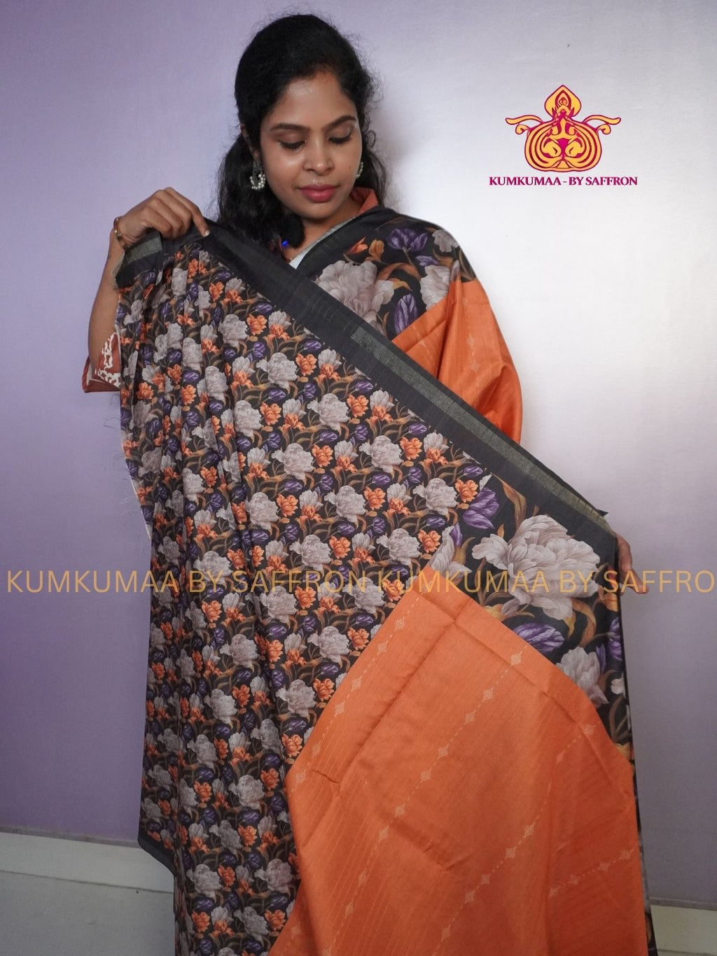 TUSSAR SILK -ORANGE WITH BLACK FLORAL PRINTED SAREE - LATEST COLLECTION - KUMKUMAA BY SAFFRON - UNIQUE DESIGN