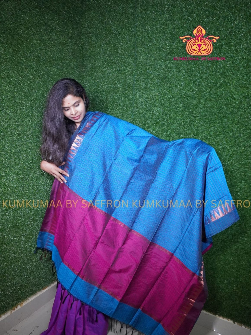 PURE COTTON-BLUE AND PINK CHECKED SAREE WITH BLOUSE - SOFT COMFORTABLE AND TRENDY - PODI KATTAM - Kumkumaa Exclusive COLLECTION - LATEST ELEGANT SAREE