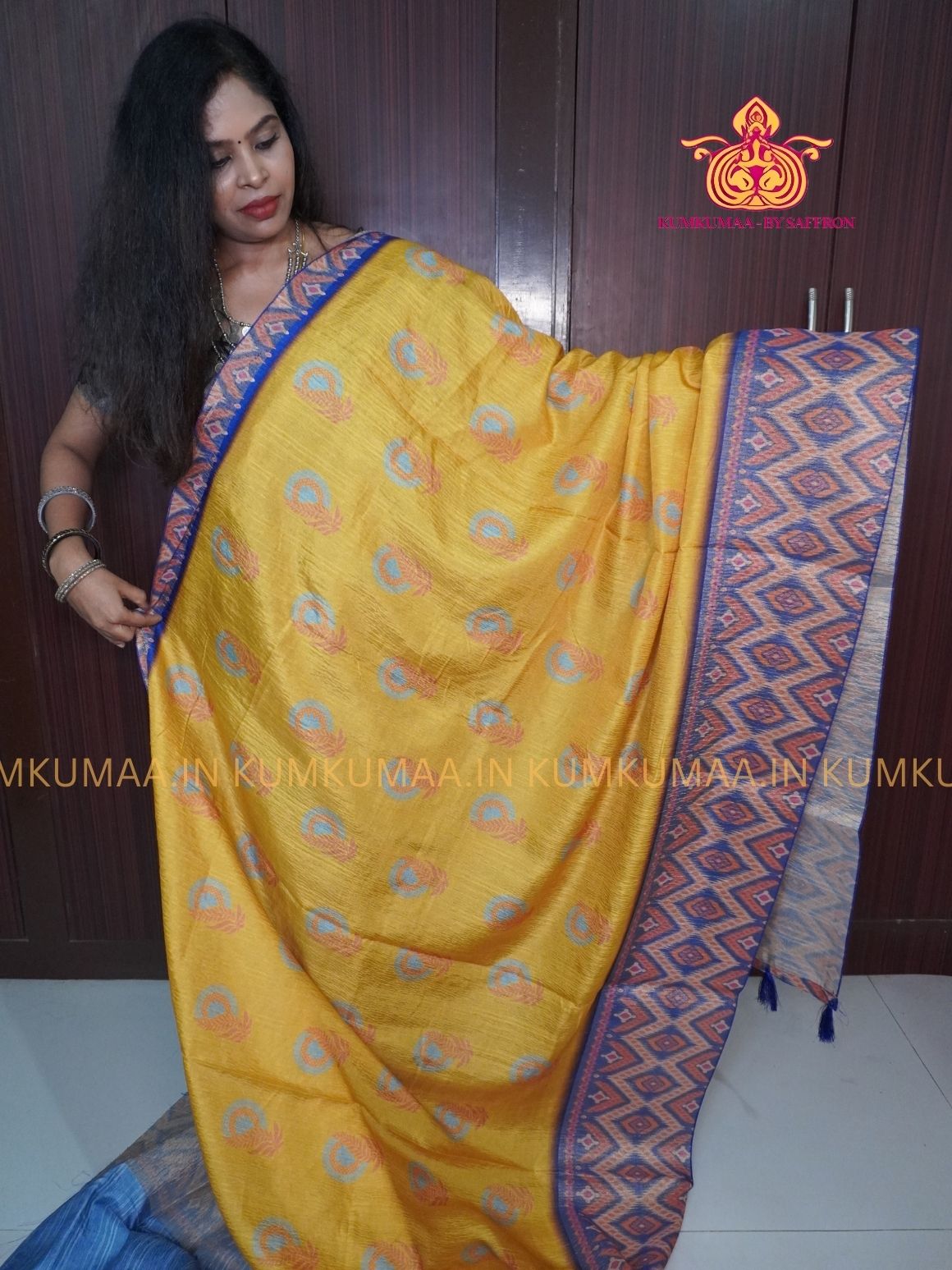 SEMI- TUSSAR SILK - YELLOW AND BLUE COLOUR - GEOMETRIC DESIGN SAREE - DESIGNED BORDER - LATEST COLLECTION - KUMKUMAA BY SAFFRON - UNIQUE DESIGN