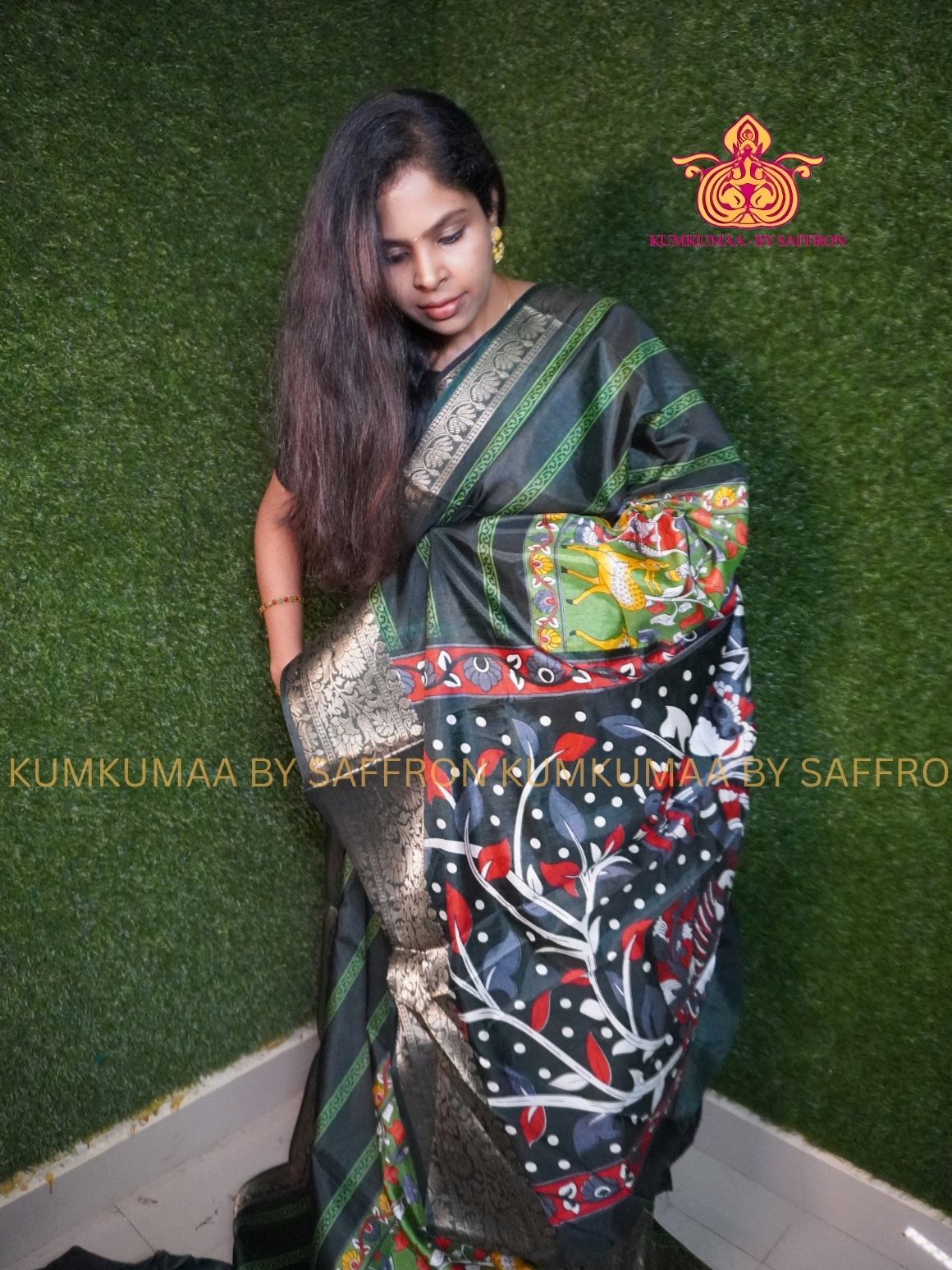 Dola Silk - COMFORTABLE FESTIVE Beautiful saree for women- GREEN COLOUR - FOREST PRINT DESIGN - ZARI BORDER - KUMKUMAA TRENDY TRADITIONAL WEAR - Comfort - Confidence - Elegance