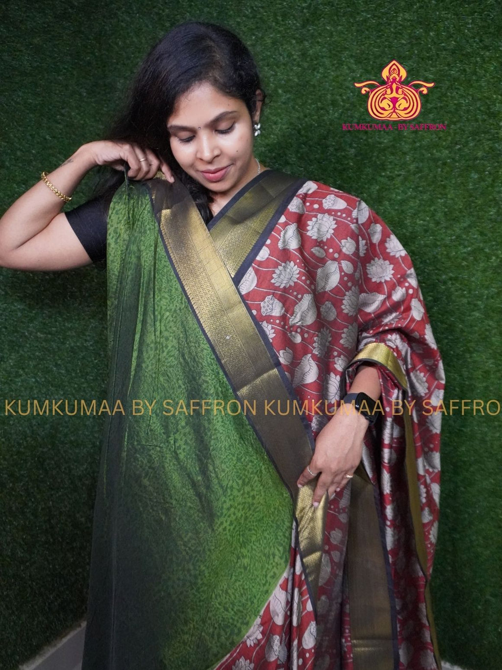 PATOLA SAREE - KALAMKARI PRINT DUAL TONE saree - RED WITH BLACK TAMARA DESIGN SAREE- Beautiful saree for women - KUMKUMAA FANCY FOR ALL OCCASION