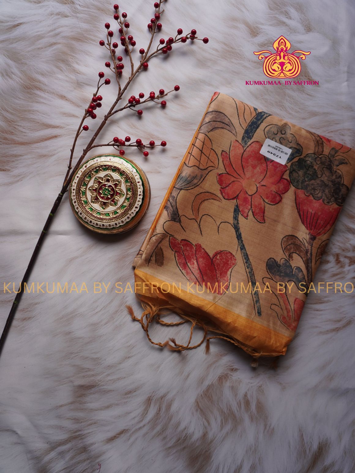 COTTON SILK- YELLOW AND BEIGE SAREE WITH BLOUSE - MINIMALISTIC BORDER -FLORAL DESIGN PRINTED- Kumkumaa FESTIVE - OCCASION ELEGANCE - STYLISH AND BEAUTIFUL