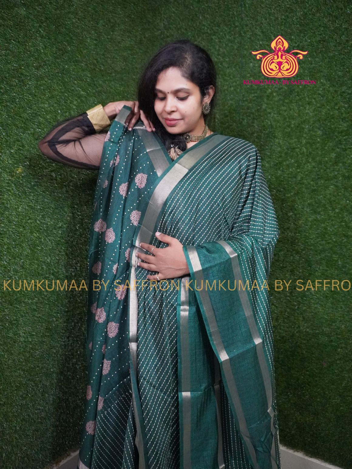 COTTON SILK- DARK LEAF GREEN SAREE WITH BLOUSE -STRIPES DESIGN PRINTED- Kumkumaa FESTIVE - SEQUENSE WORK RETTAPETA BORDER - OCCASION ELEGANCE - STYLISH AND BEAUTIFUL