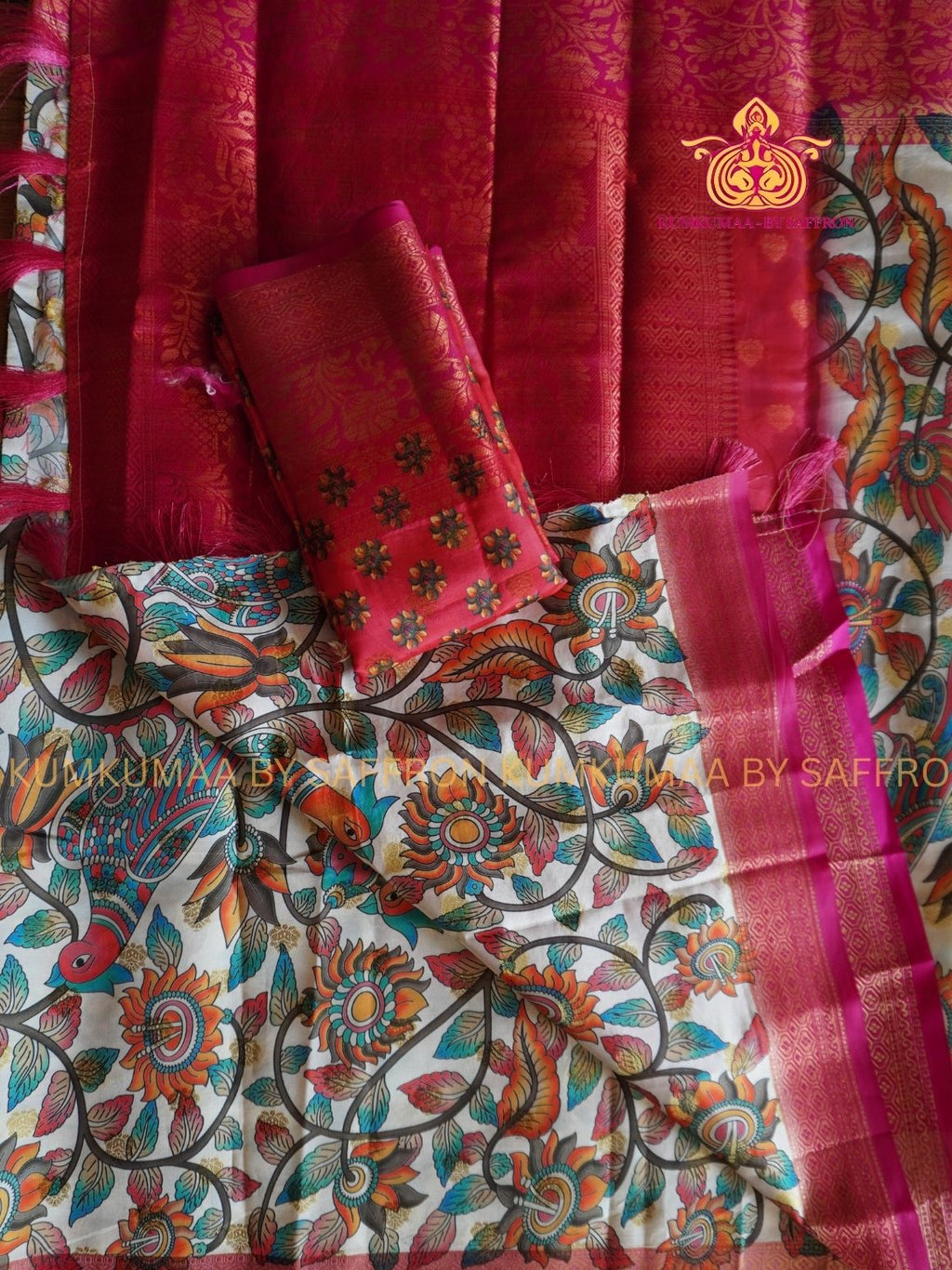 Banarasi- WHITE WITH PINK KALAMKARI PRINTED - Beautiful saree for women - FESTIVE ETHNIC WEAR - GRAND SAREE FOR ALL FUNCTIONS- KUMKUMAA UNIQUE SAREES