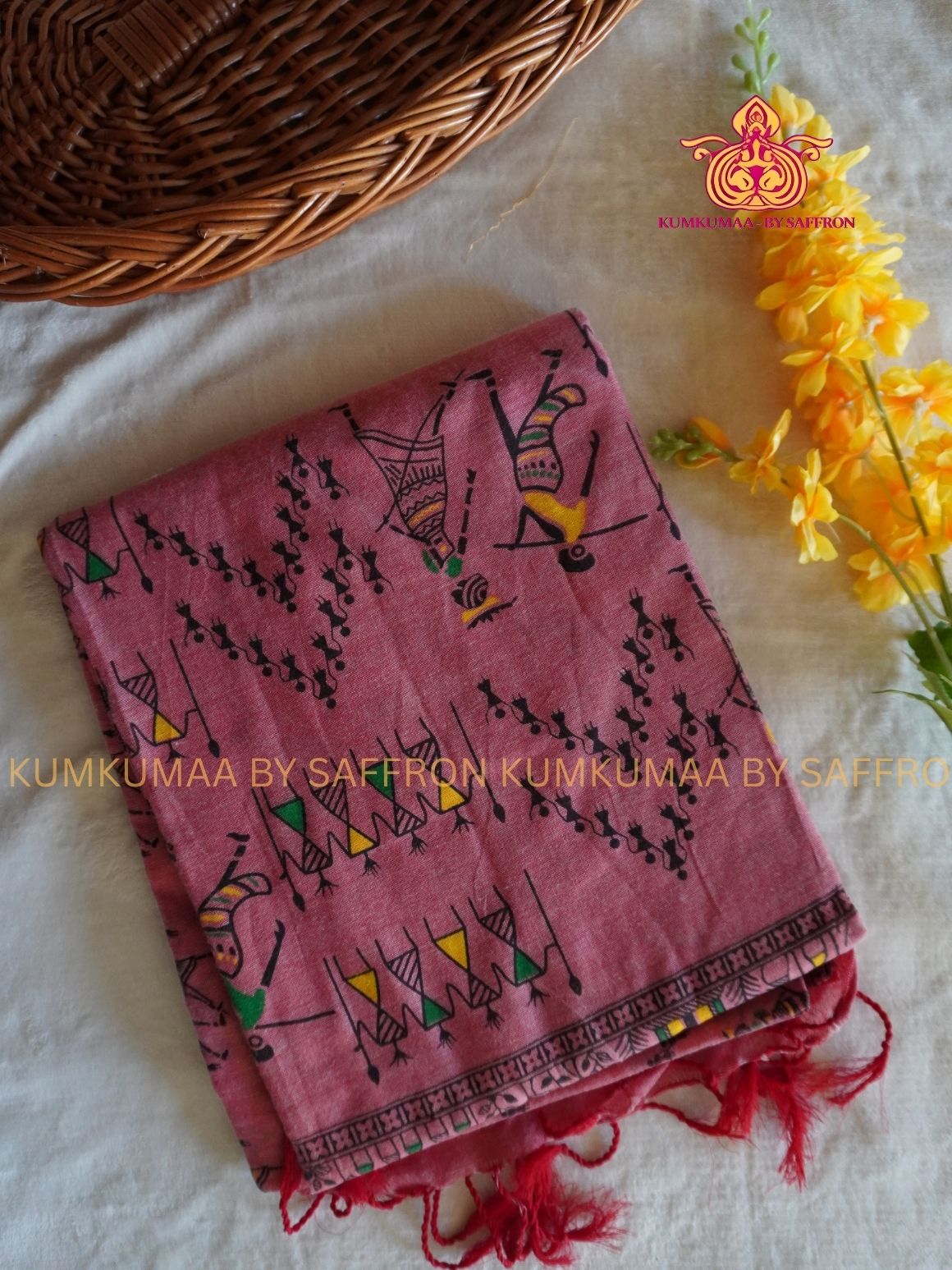 PURE COTTON-PINK WARRIOR PRINT SAREE WITH BLOUSE - SOFT COMFORTABLE AND TRENDY - ZIGZAG DESIGN - Kumkumaa Exclusive COLLECTION - LATEST ELEGANT SAREE