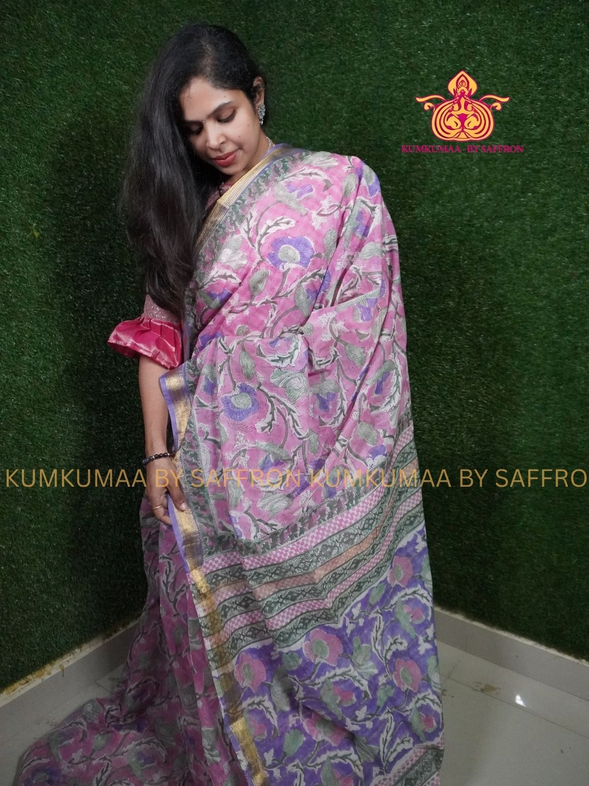 HAND WOVEN SILK - PURE MAHESHWARI SILK SAREE - DUSTY ROSE WITH PASTEL FLORAL PRINTED SAREE - LATEST COLLECTION - KUMKUMAA BY SAFFRON - COMFORT AND ELEGANCE
