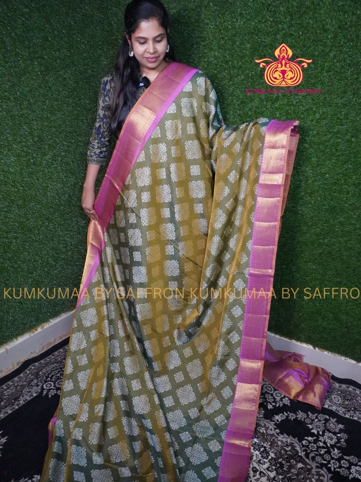PATOLA SAREE - TRENDY DUAL TONE saree - GREEN WITH PINK KOLAM DESIGN SAREE- Beautiful saree for women - KUMKUMAA FANCY FOR ALL OCCASION