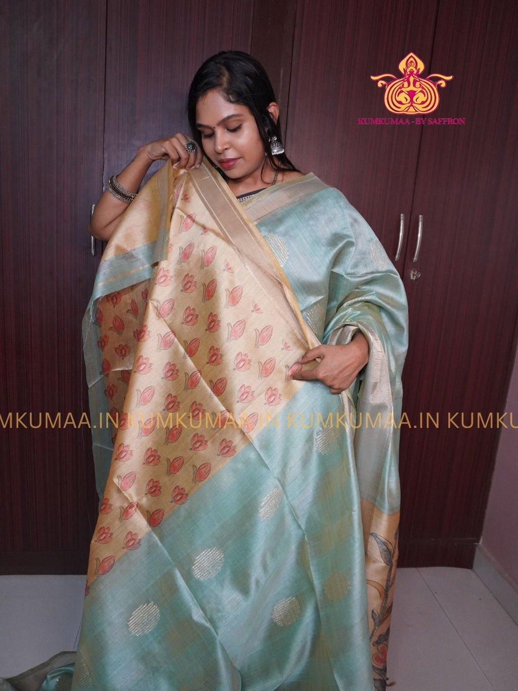 COTTON SILK- TEAL GREEN AND BEIGE SAREE WITH BLOUSE - MINIMALISTIC BORDER -FLORAL DESIGN PRINTED- Kumkumaa FESTIVE - OCCASION ELEGANCE - STYLISH AND BEAUTIFUL