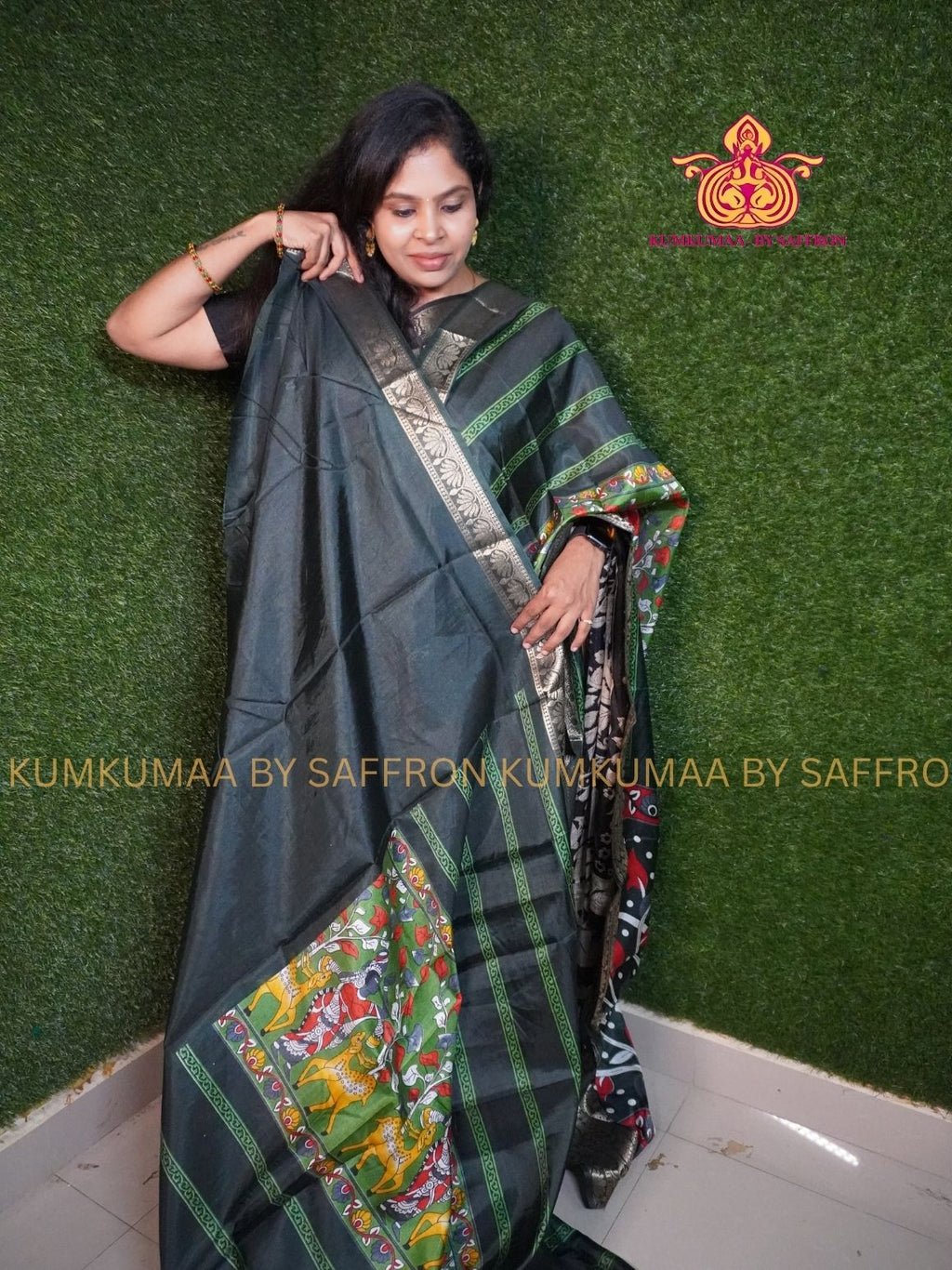 Dola Silk - COMFORTABLE FESTIVE Beautiful saree for women- GREEN COLOUR - FOREST PRINT DESIGN - ZARI BORDER - KUMKUMAA TRENDY TRADITIONAL WEAR - Comfort - Confidence - Elegance