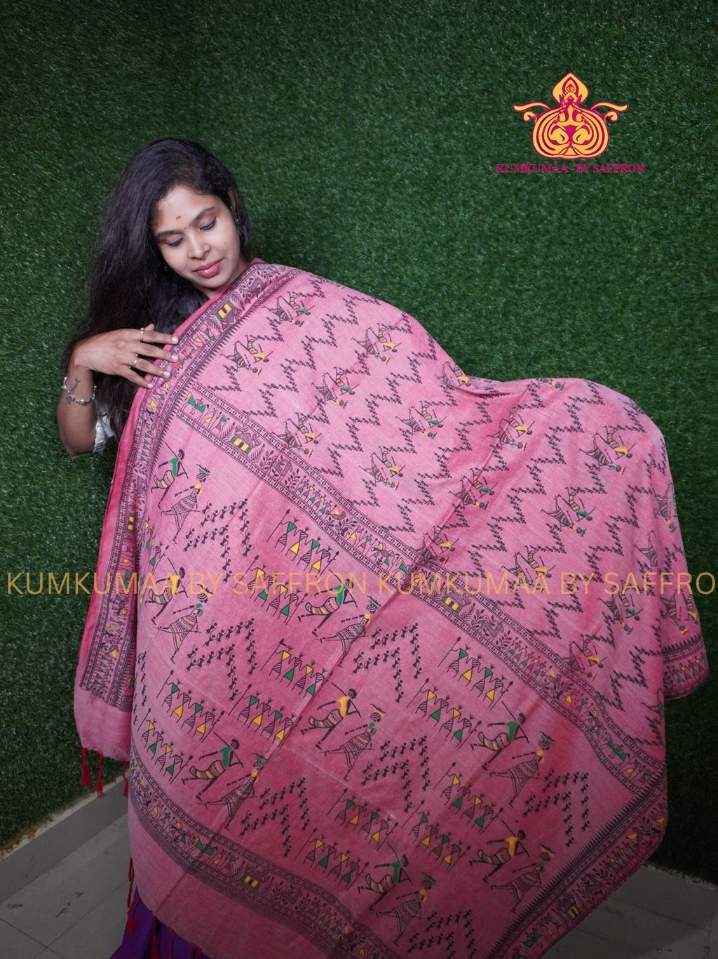 PURE COTTON-PINK WARRIOR PRINT SAREE WITH BLOUSE - SOFT COMFORTABLE AND TRENDY - ZIGZAG DESIGN - Kumkumaa Exclusive COLLECTION - LATEST ELEGANT SAREE