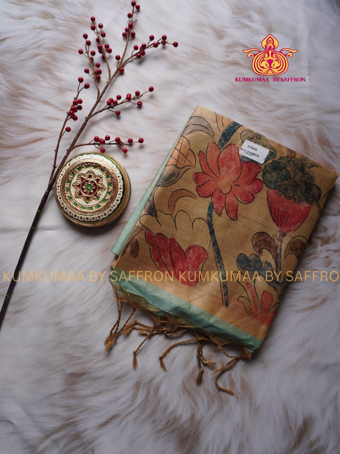 COTTON SILK- TEAL GREEN AND BEIGE SAREE WITH BLOUSE - MINIMALISTIC BORDER -FLORAL DESIGN PRINTED- Kumkumaa FESTIVE - OCCASION ELEGANCE - STYLISH AND BEAUTIFUL