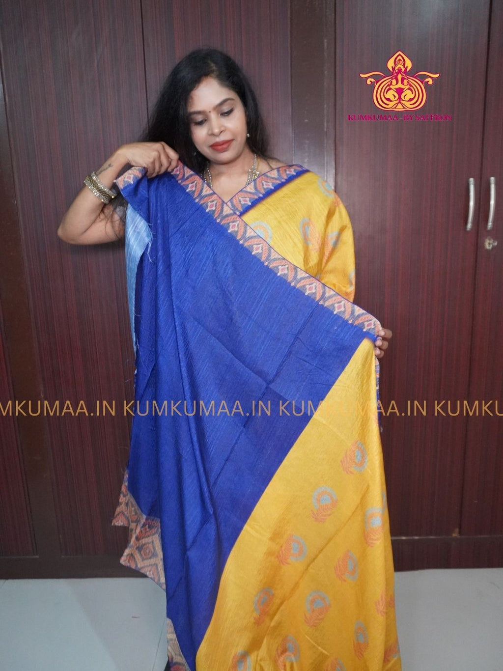 SEMI- TUSSAR SILK - YELLOW AND BLUE COLOUR - GEOMETRIC DESIGN SAREE - DESIGNED BORDER - LATEST COLLECTION - KUMKUMAA BY SAFFRON - UNIQUE DESIGN