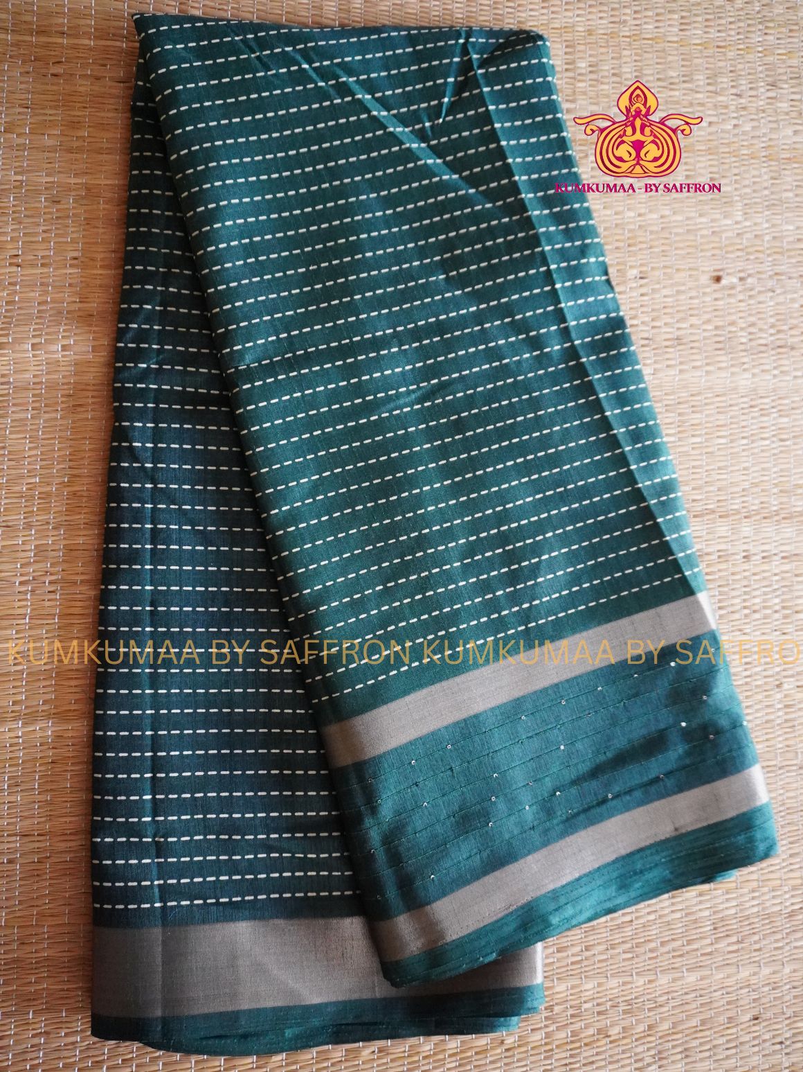 COTTON SILK- DARK LEAF GREEN SAREE WITH BLOUSE -STRIPES DESIGN PRINTED- Kumkumaa FESTIVE - SEQUENSE WORK RETTAPETA BORDER - OCCASION ELEGANCE - STYLISH AND BEAUTIFUL