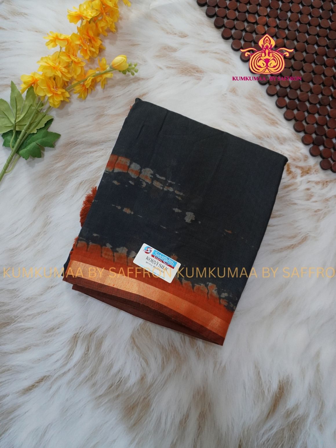 SOFT COTTON - BLACK GREEN AND ORANGE COLOUR - SHIBORI DESIGN SAREE - ZARI MINIMALIST BORDER - LATEST COLLECTION - KUMKUMAA BY SAFFRON - UNIQUE DESIGN