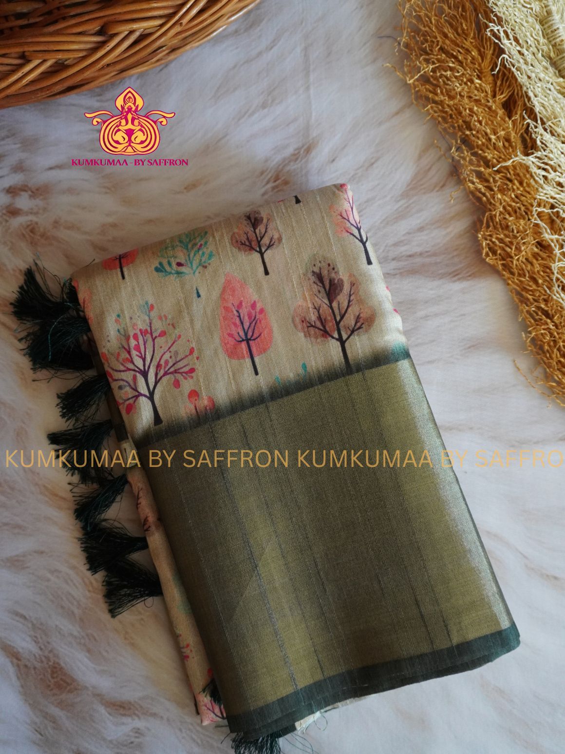 TUSSAR SILK - BEIGE  OLIVE GREEN - FLOWER DESIGN SAREE - CREEPER SKIRTING ZARI WEAVING MINIMALISTIC BORDER - LATEST COLLECTION - KUMKUMAA BY SAFFRON - UNIQUE DESIGN