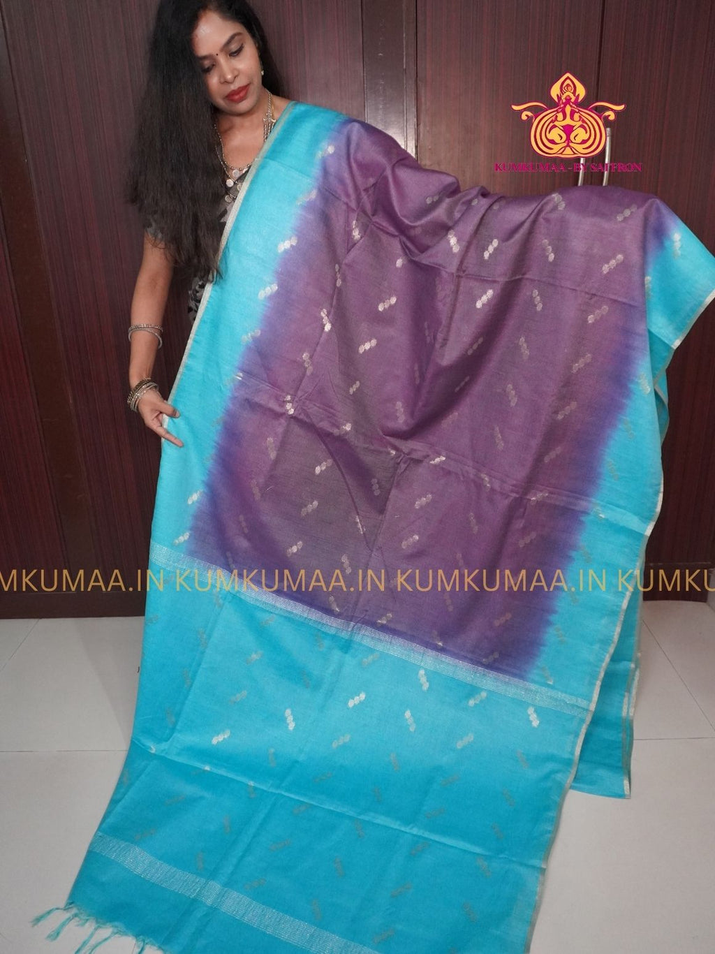FANCY SAREE - BLUE AND PURPLE - GOLD PRINTS ALL OVER- TRENDY WEAR SAREE- Beautiful saree for women - KUMKUMAA FANCY FOR ALL OCCASION