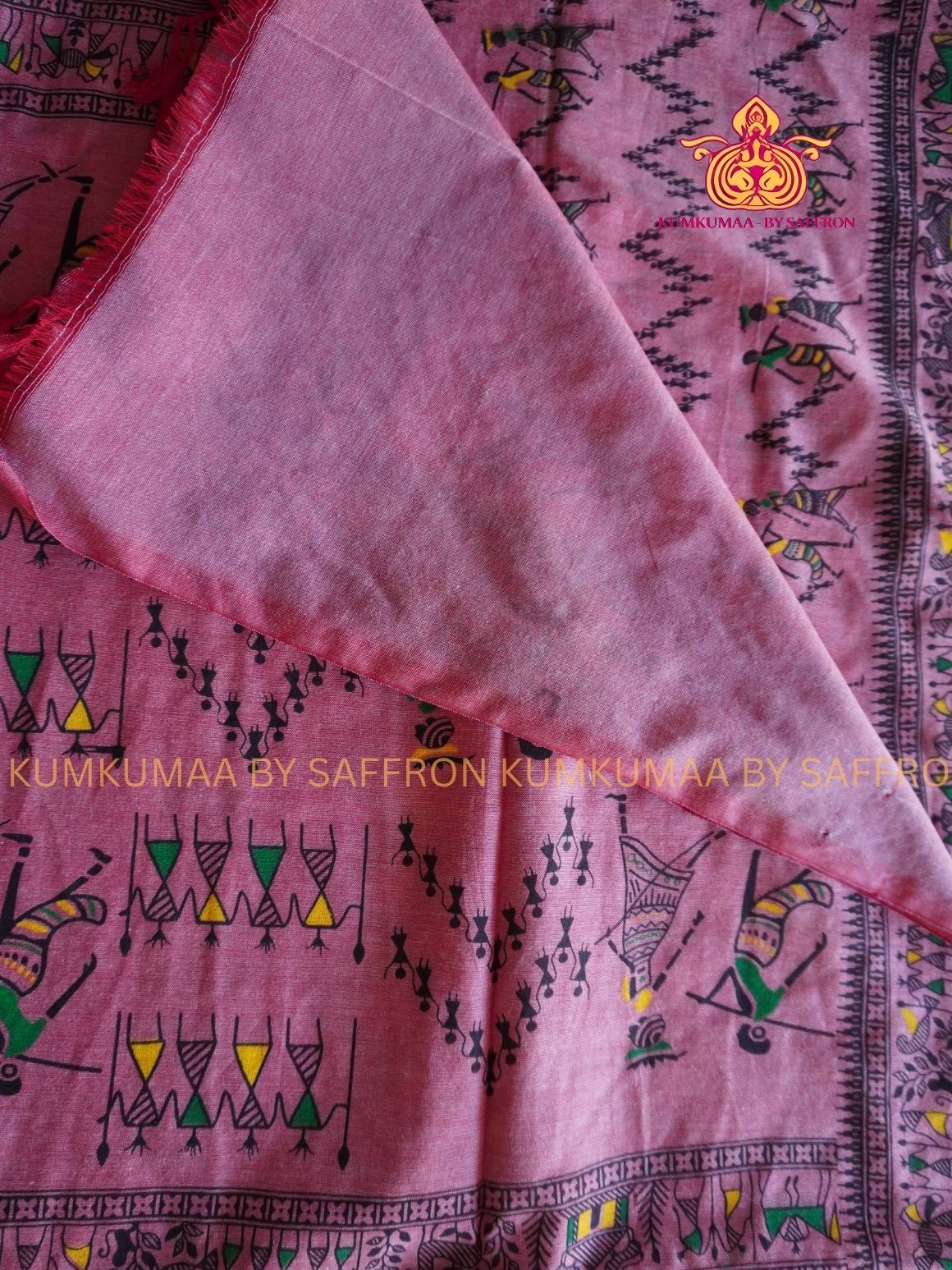 PURE COTTON-PINK WARRIOR PRINT SAREE WITH BLOUSE - SOFT COMFORTABLE AND TRENDY - ZIGZAG DESIGN - Kumkumaa Exclusive COLLECTION - LATEST ELEGANT SAREE