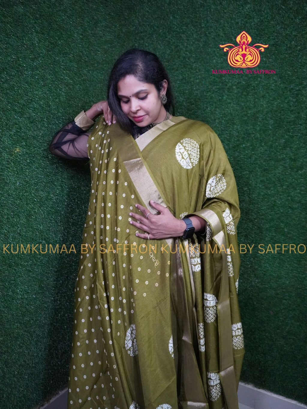 COTTON SILK- OLIVE GREEN SAREE WITH BLOUSE -ROUND DESIGN PRINTED- Kumkumaa FESTIVE - SEQUENSE MINIMALISTIC BORDER - OCCASION ELEGANCE - STYLISH AND BEAUTIFUL