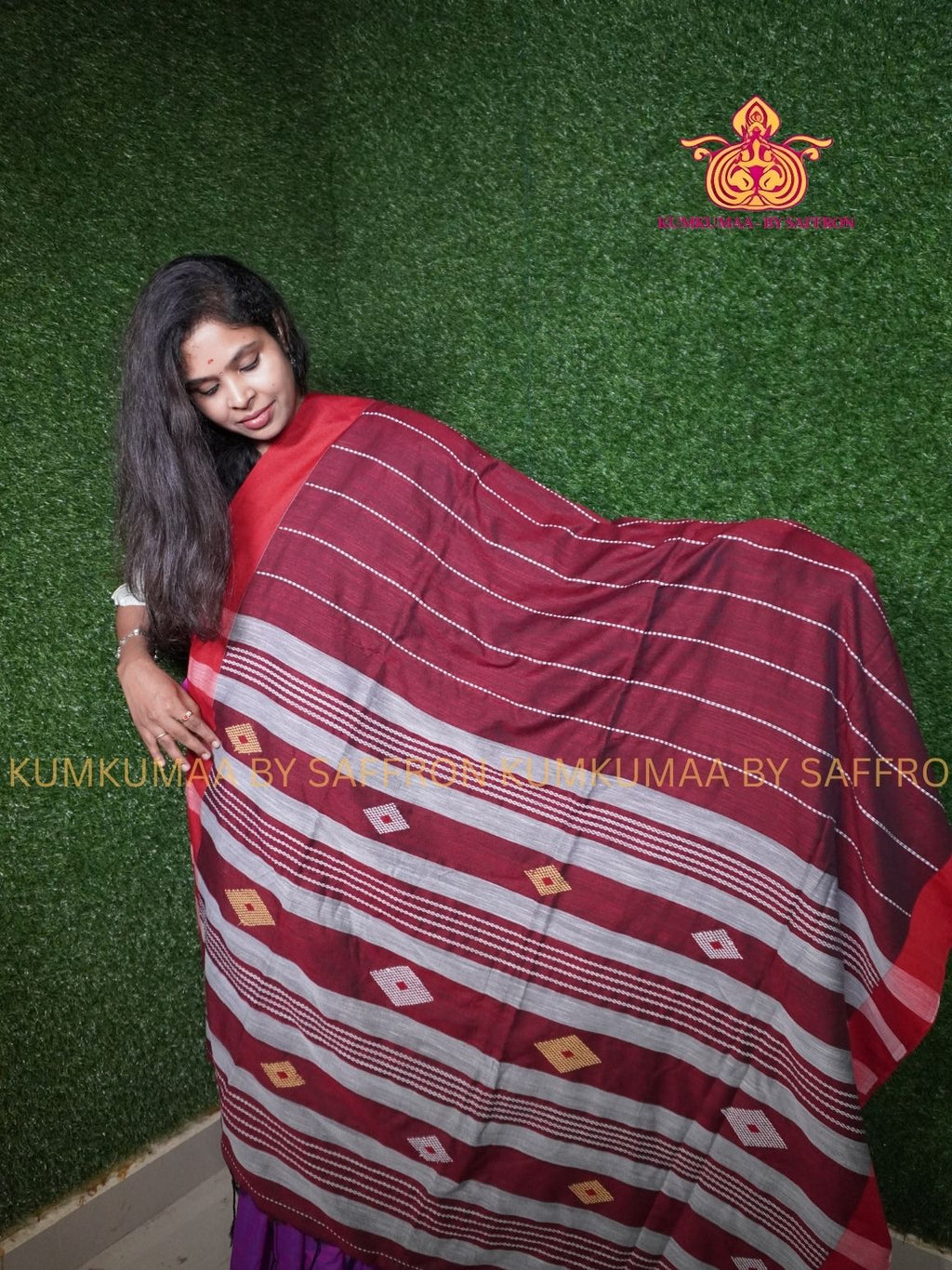 PURE COTTON-MAROON STRIPPED PRINT SAREE WITH BLOUSE - SOFT COMFORTABLE AND TRENDY - GEOMETRIC DESIGN - Kumkumaa Exclusive COLLECTION - LATEST ELEGANT SAREE