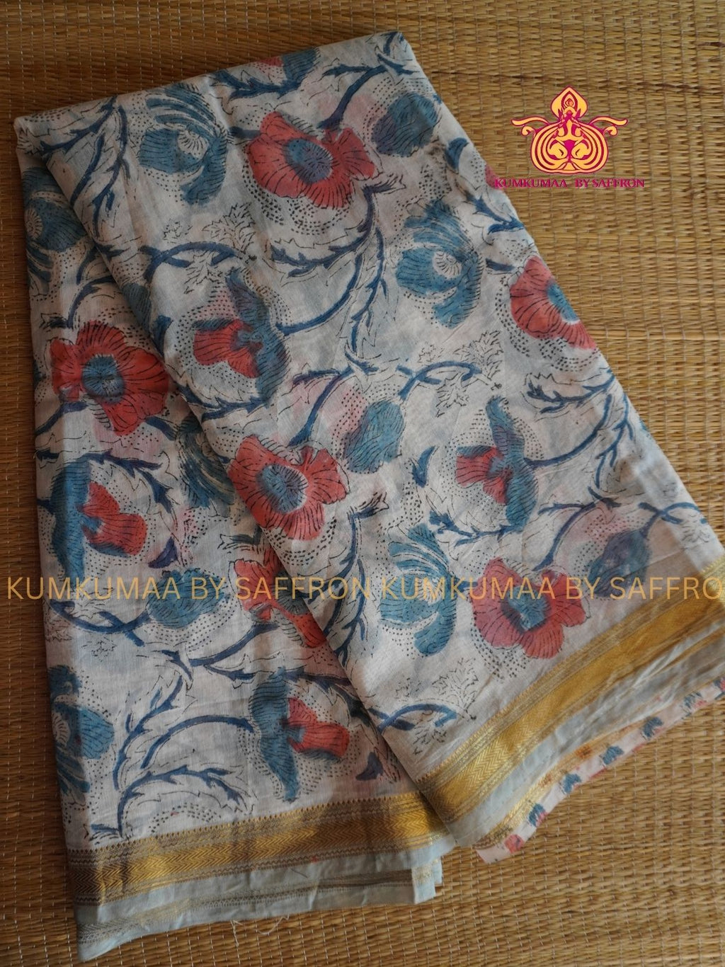 HAND WOVEN SILK -PURE MAHESHWARI SILK SAREE - OFF WHITE WITH PASTEL FLORAL AND PRINTED SAREE - LATEST COLLECTION - KUMKUMAA BY SAFFRON - COMFORT AND ELEGANCE