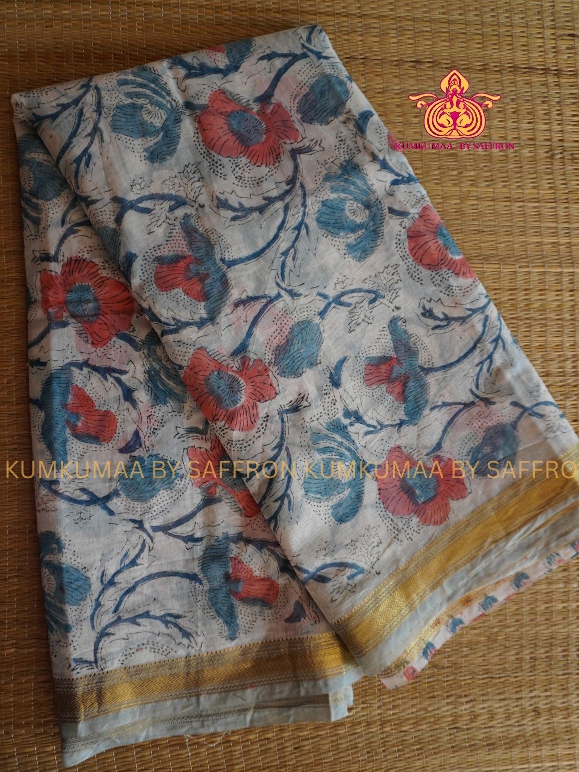 HAND WOVEN SILK -PURE MAHESHWARI SILK SAREE - OFF WHITE WITH PASTEL FLORAL AND PRINTED SAREE - LATEST COLLECTION - KUMKUMAA BY SAFFRON - COMFORT AND ELEGANCE