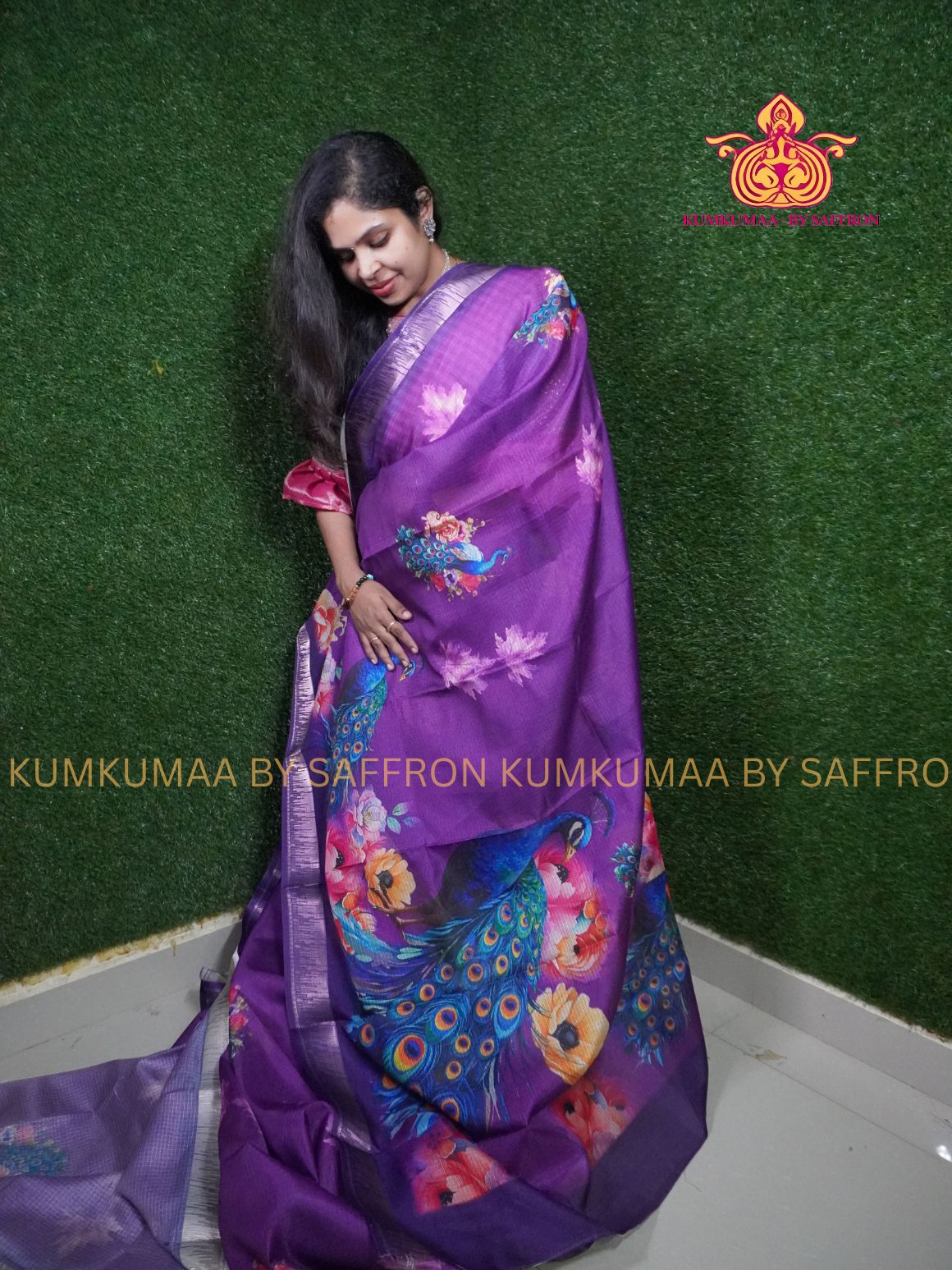 KOTA - PURPLE SAREE - MILD ZARI BORDER- FLORAL PEACOCK PRINT - Kumkumaa LIGHT WEIGHT - BREATHABLE SAREE- FANCY AND ELEGANT