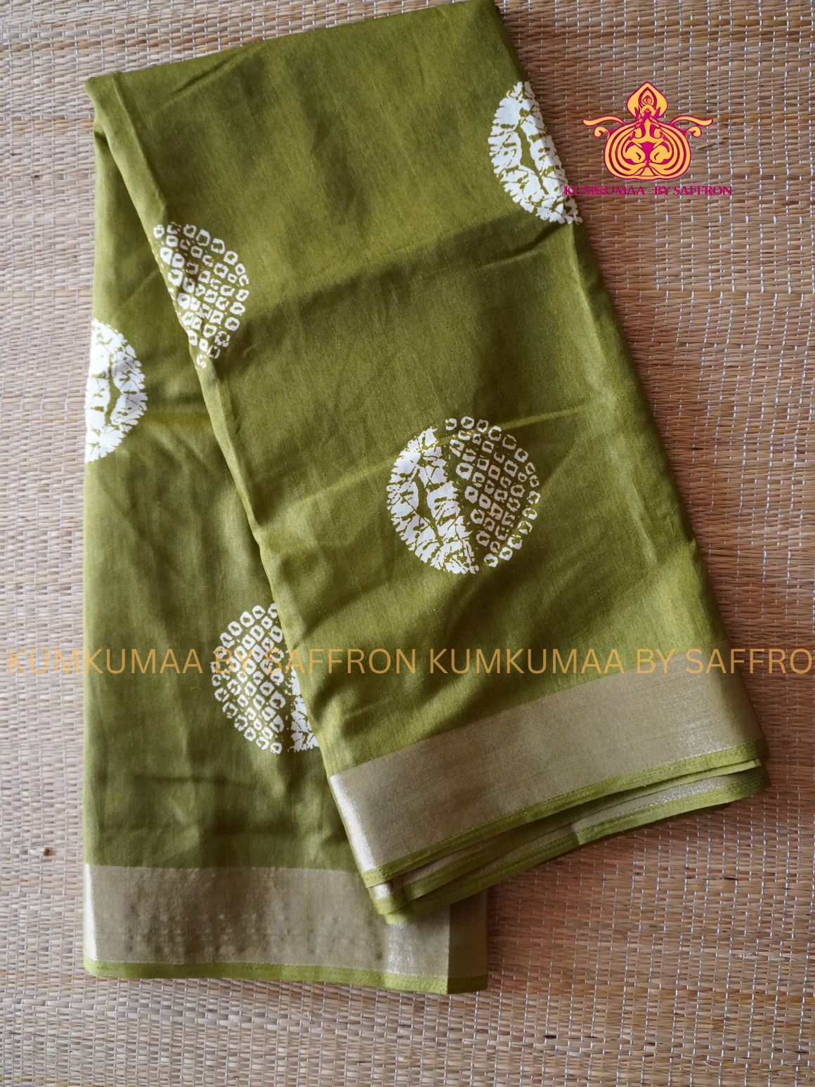 COTTON SILK- OLIVE GREEN SAREE WITH BLOUSE -ROUND DESIGN PRINTED- Kumkumaa FESTIVE - SEQUENSE MINIMALISTIC BORDER - OCCASION ELEGANCE - STYLISH AND BEAUTIFUL