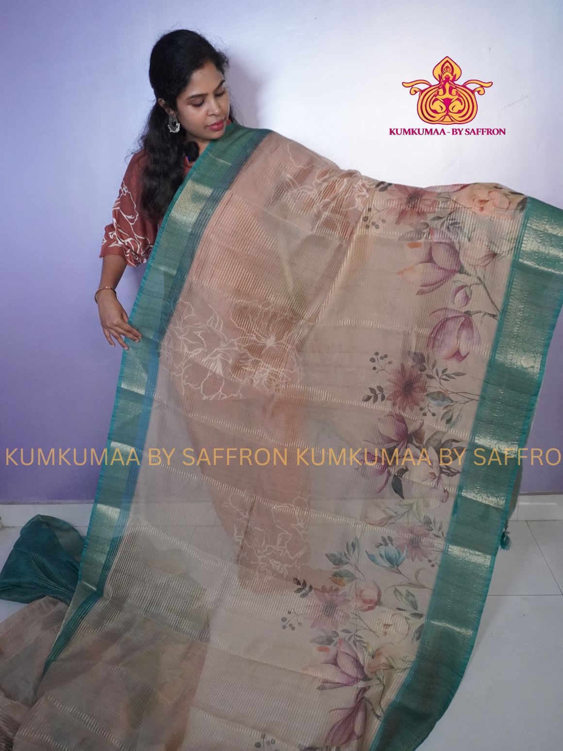 FANCY SAREE - BEIGE WITH GREEN TURQUOISE - TISSUE SILK SAREE WITH JACQUARD WOVEN BORDER- TRENDY WEAR SAREE- Beautiful saree for women - KUMKUMAA FANCY FOR ALL OCCASION