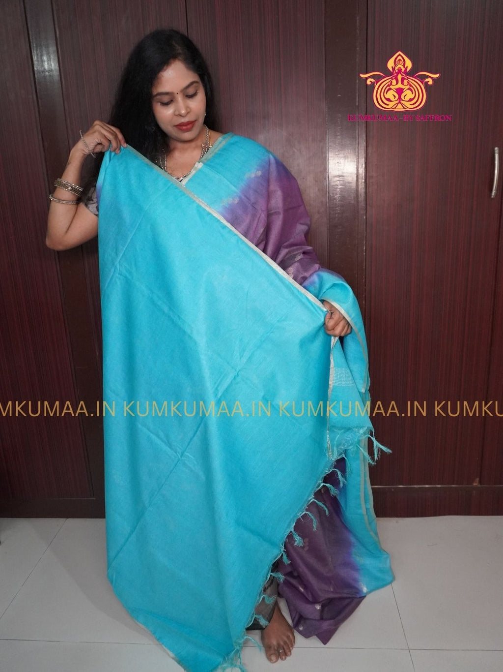 FANCY SAREE - BLUE AND PURPLE - GOLD PRINTS ALL OVER- TRENDY WEAR SAREE- Beautiful saree for women - KUMKUMAA FANCY FOR ALL OCCASION