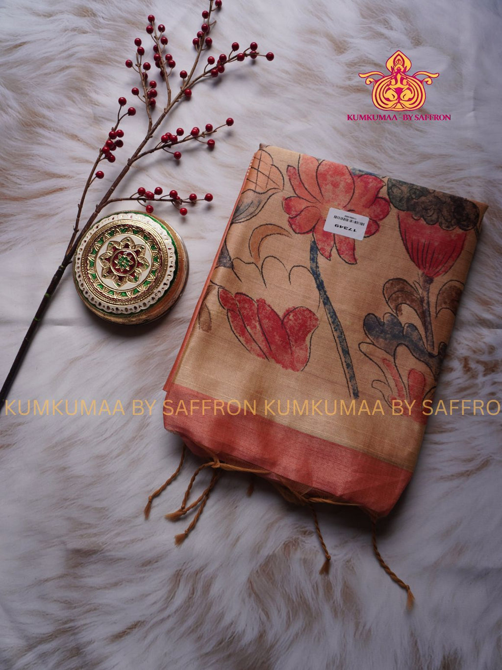 COTTON SILK- ORANGE AND BEIGE SAREE WITH BLOUSE - MINIMALISTIC BORDER -FLORAL DESIGN PRINTED- Kumkumaa FESTIVE - OCCASION ELEGANCE - STYLISH AND BEAUTIFUL