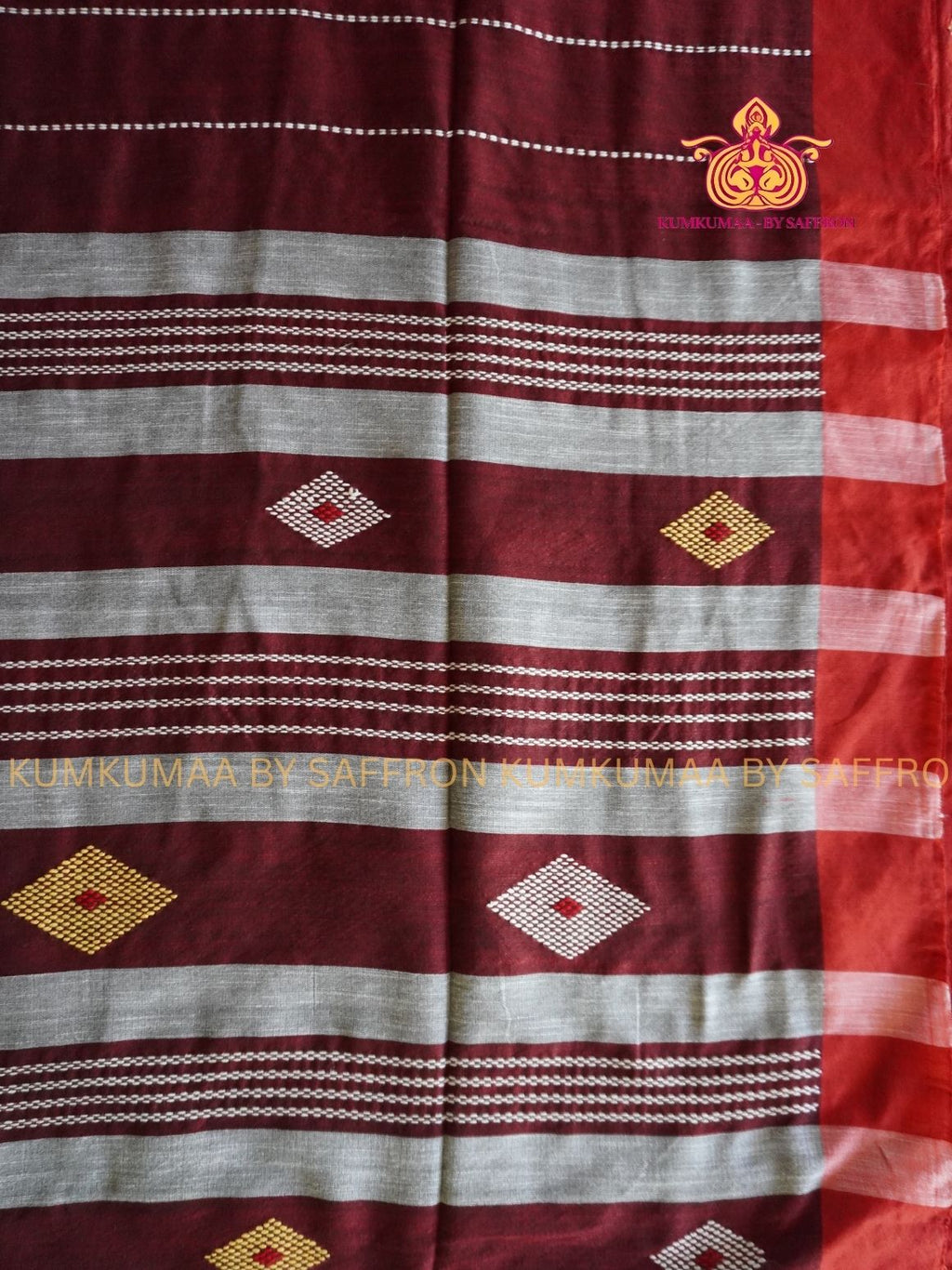 PURE COTTON-MAROON STRIPPED PRINT SAREE WITH BLOUSE - SOFT COMFORTABLE AND TRENDY - GEOMETRIC DESIGN - Kumkumaa Exclusive COLLECTION - LATEST ELEGANT SAREE