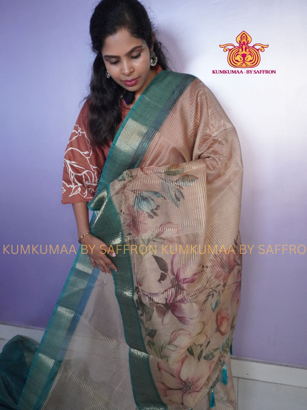 FANCY SAREE - BEIGE WITH GREEN TURQUOISE - TISSUE SILK SAREE WITH JACQUARD WOVEN BORDER- TRENDY WEAR SAREE- Beautiful saree for women - KUMKUMAA FANCY FOR ALL OCCASION