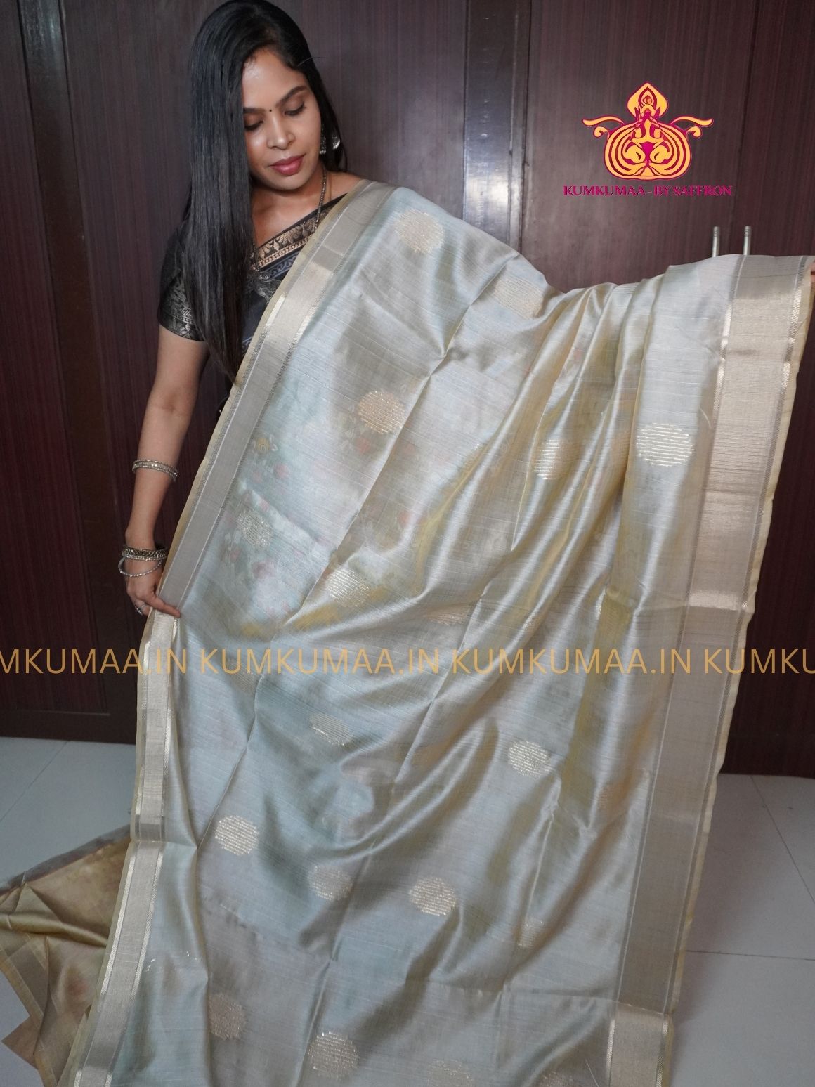 COTTON SILK- SILVER SAREE WITH BLOUSE - MINIMALISTIC BORDER -FLORAL DESIGN PRINTED- Kumkumaa FESTIVE - OCCASION ELEGANCE - STYLISH AND BEAUTIFUL