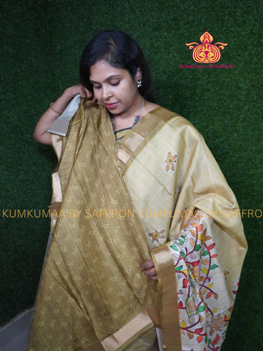 TUSSAR SILK - BEIGE  OLIVE GREEN - FLOWER DESIGN SAREE - CREEPER SKIRTING ZARI WEAVING MINIMALISTIC BORDER - LATEST COLLECTION - KUMKUMAA BY SAFFRON - UNIQUE DESIGN