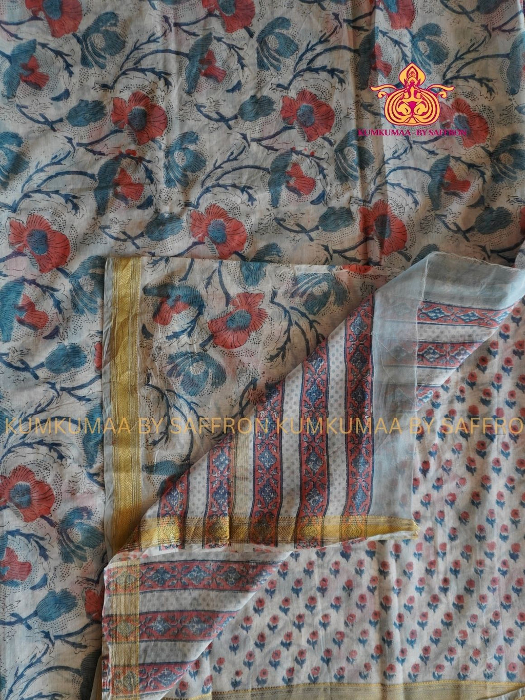 HAND WOVEN SILK -PURE MAHESHWARI SILK SAREE - OFF WHITE WITH PASTEL FLORAL AND PRINTED SAREE - LATEST COLLECTION - KUMKUMAA BY SAFFRON - COMFORT AND ELEGANCE