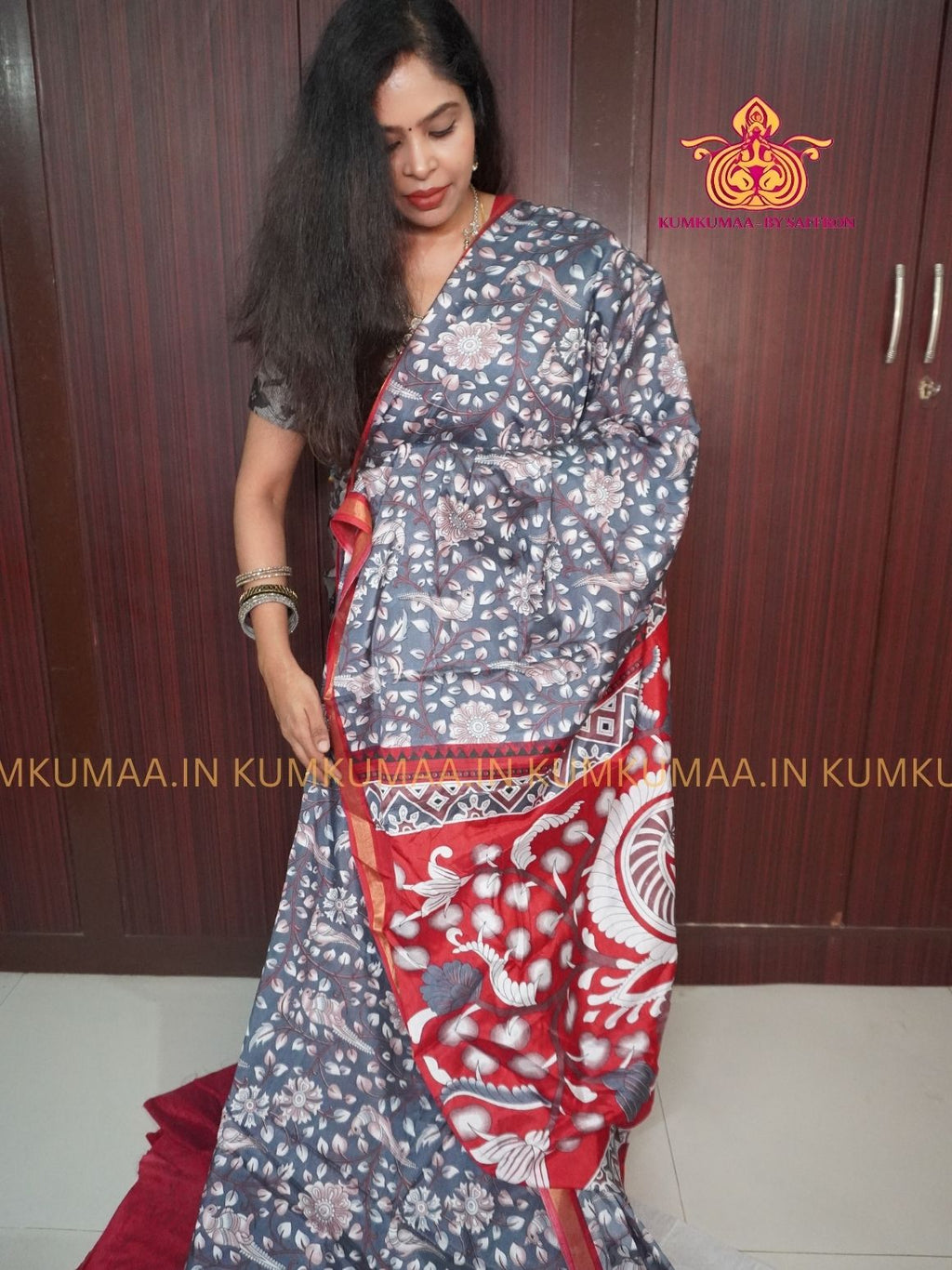 MUL COTTON SILK- GRAY & RED SAREE WITH BLOUSE - FLORAL PEACOCK PRINT- SOFTEST EVERYDAY WEAR - BEST COTTON SAREE- COMFORT AND TRENDY - STYLE WITH COMFORT - Kumkumaa EVERYDAY SAREE