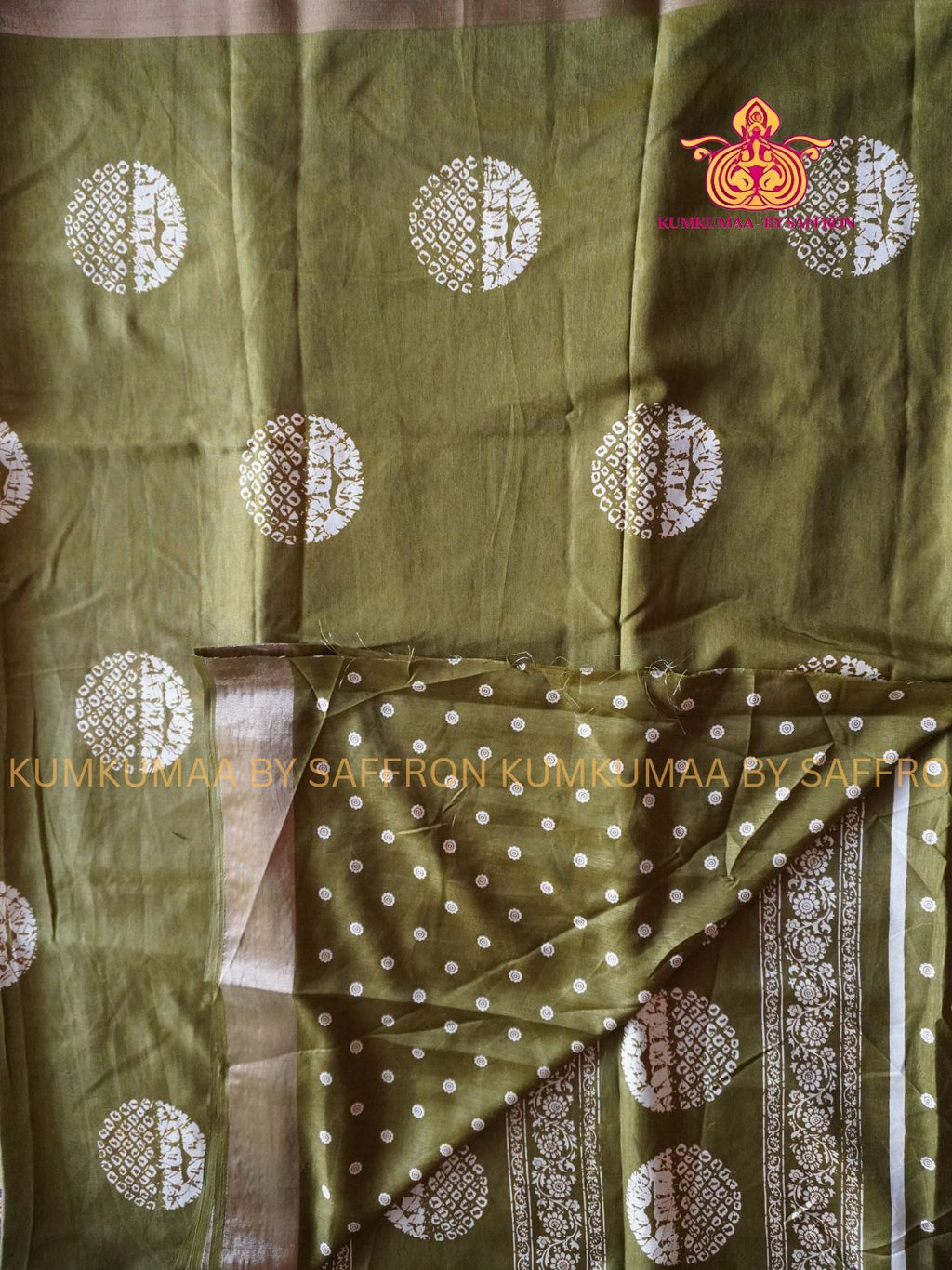 COTTON SILK- OLIVE GREEN SAREE WITH BLOUSE -ROUND DESIGN PRINTED- Kumkumaa FESTIVE - SEQUENSE MINIMALISTIC BORDER - OCCASION ELEGANCE - STYLISH AND BEAUTIFUL