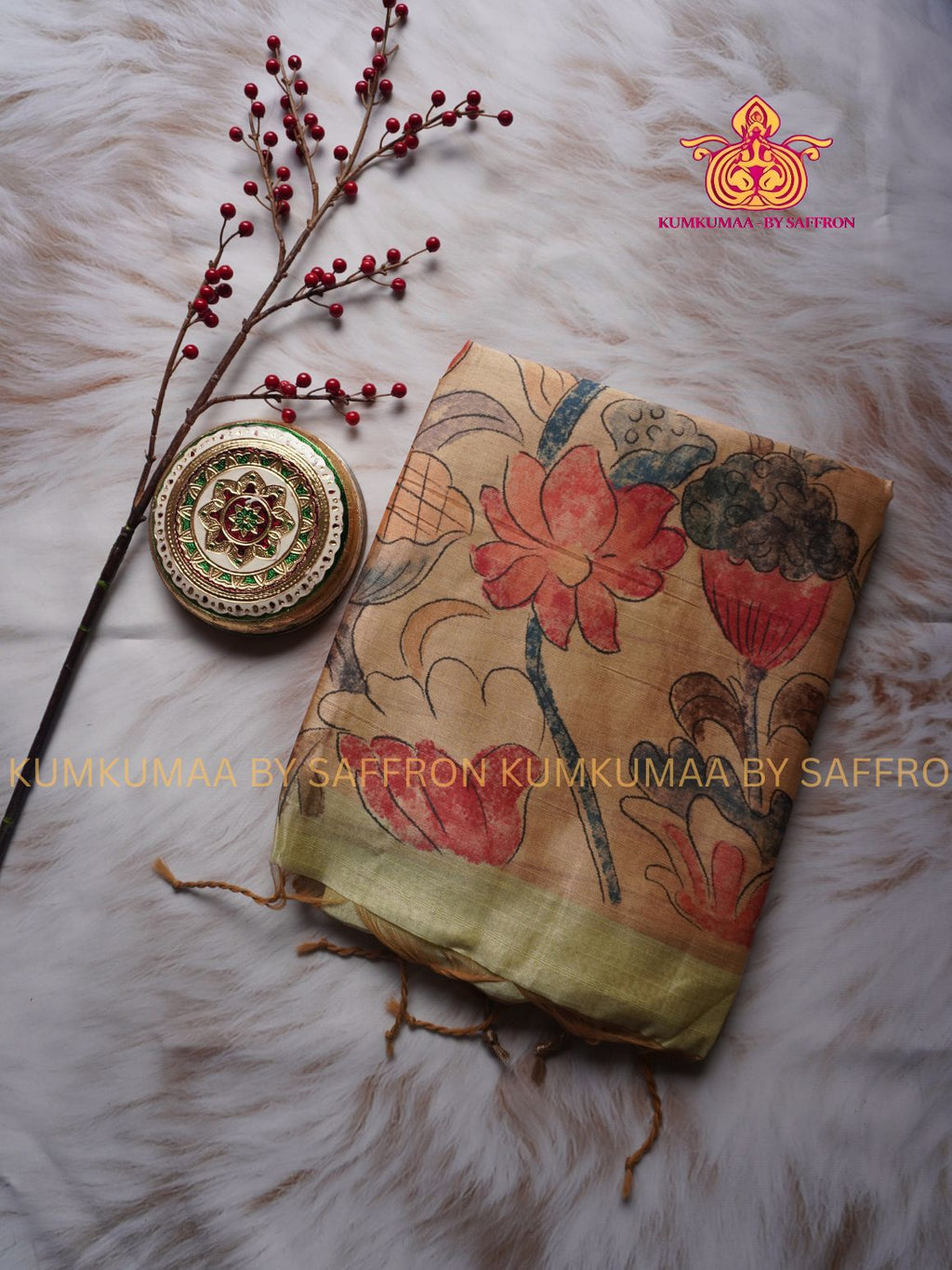 COTTON SILK- PISTA GREEN AND BEIGE SAREE WITH BLOUSE - MINIMALISTIC BORDER -FLORAL DESIGN PRINTED- Kumkumaa FESTIVE - OCCASION ELEGANCE - STYLISH AND BEAUTIFUL