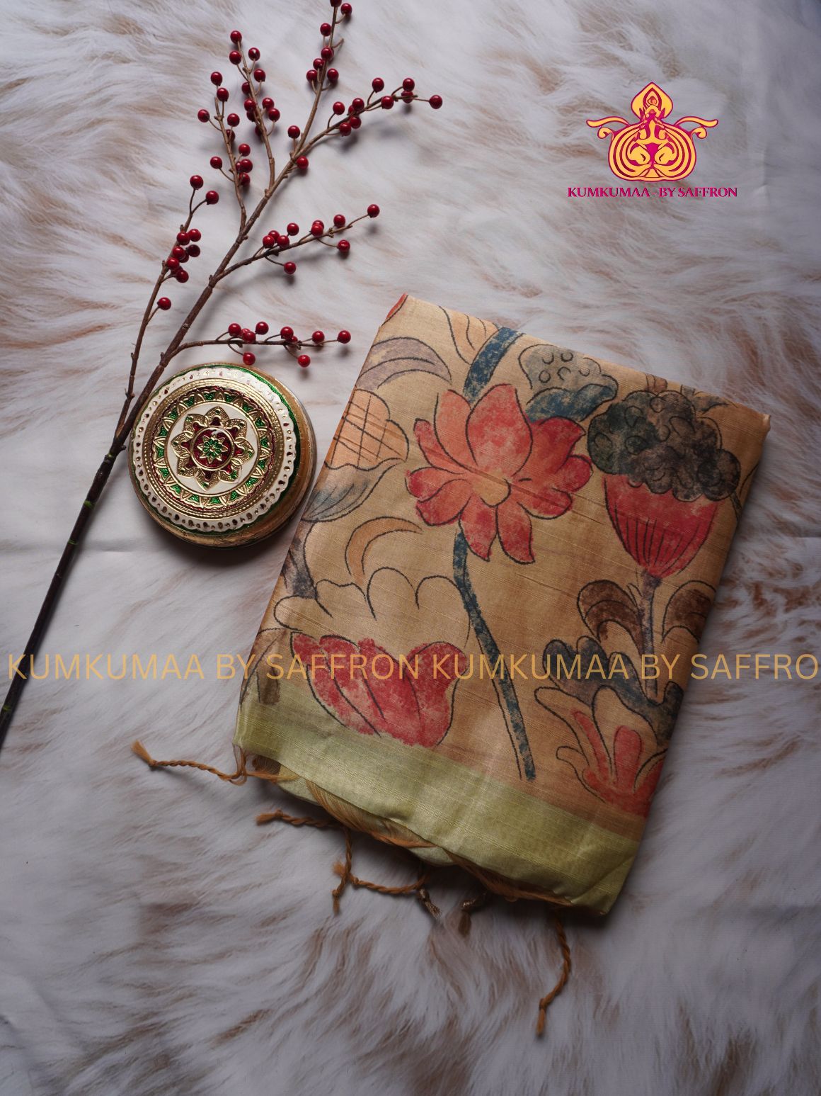 COTTON SILK- PISTA GREEN AND BEIGE SAREE WITH BLOUSE - MINIMALISTIC BORDER -FLORAL DESIGN PRINTED- Kumkumaa FESTIVE - OCCASION ELEGANCE - STYLISH AND BEAUTIFUL