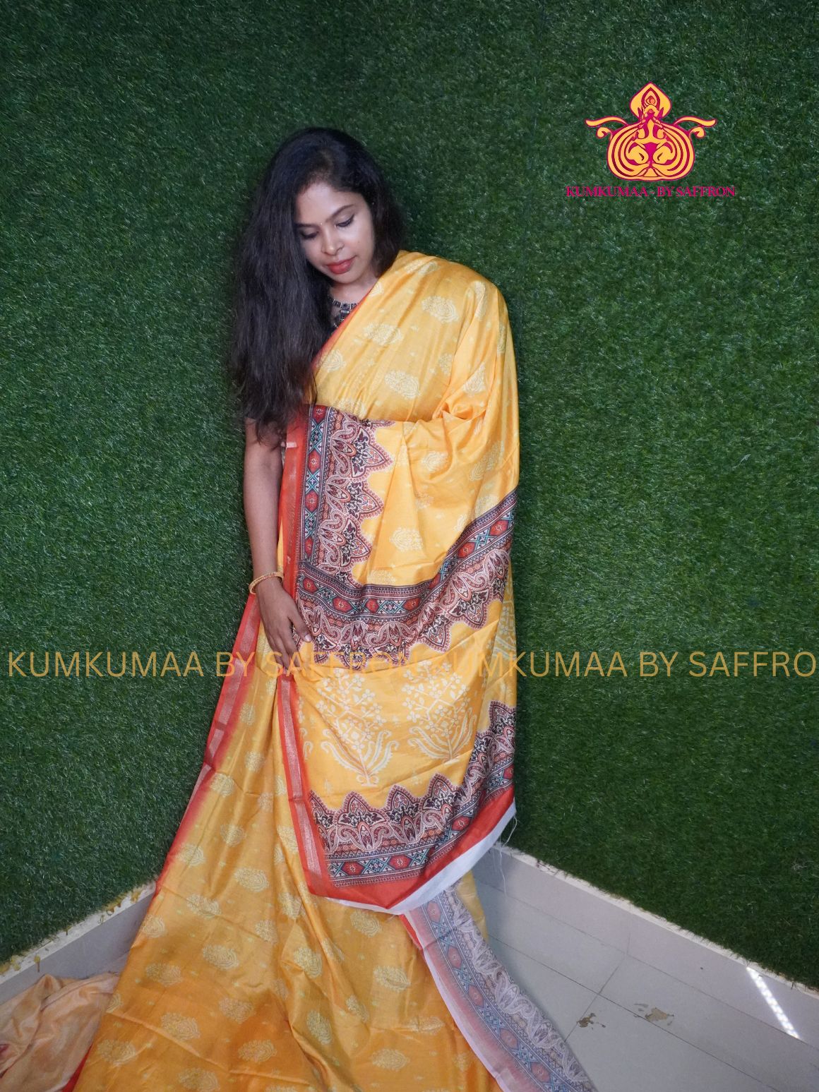 MAHESHWARI COTTON SILK- YELLOW AND ORANGE SAREE WITH BLOUSE - Kumkumaa FESTIVE - MANDALA DESIGN SKIRTING BORDER - OCCASION ELEGANCE - STYLISH AND BEAUTIFUL