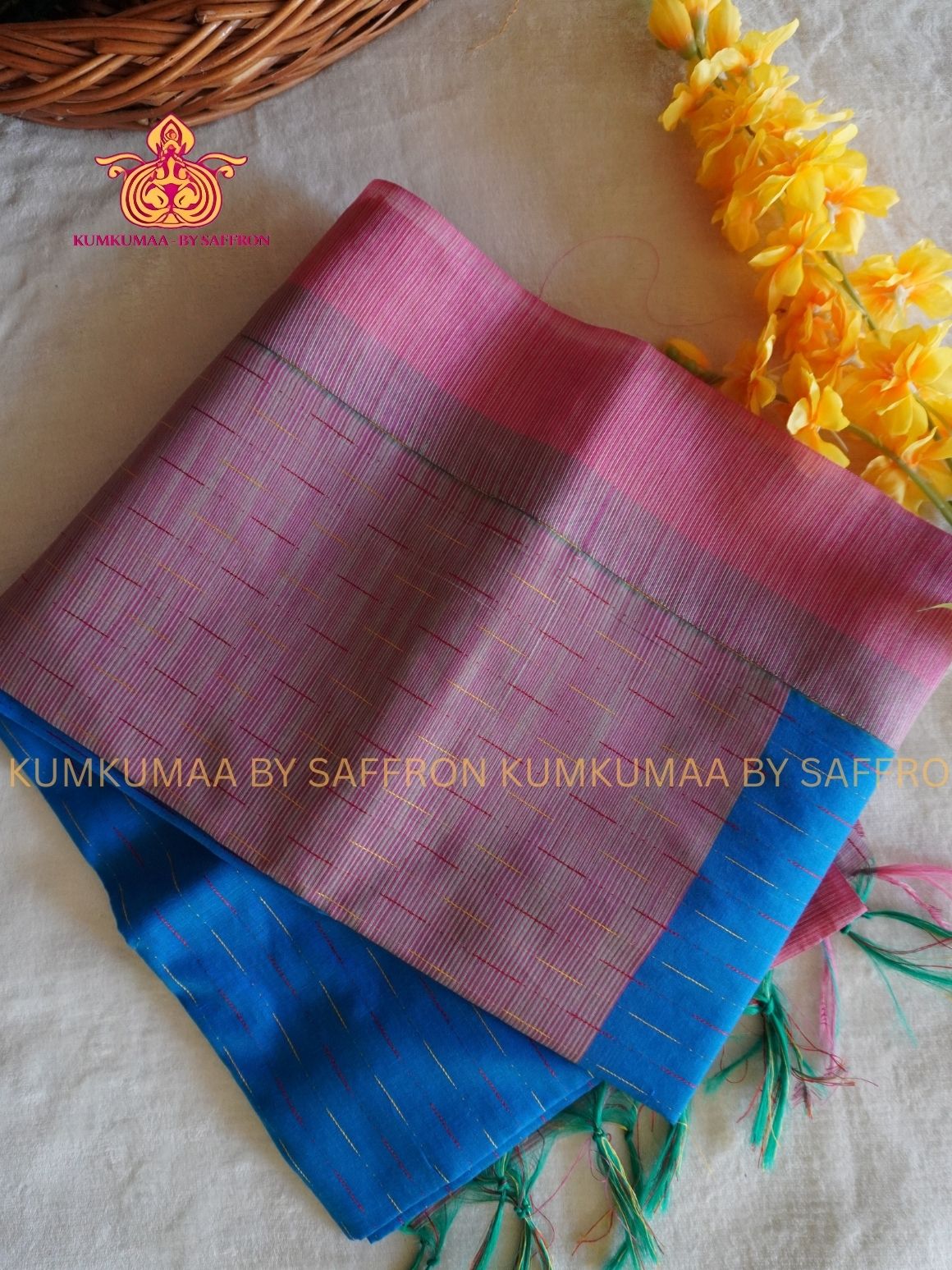 KOVAI COTTON- BLUE AND PINK SAREE WITH BLOUSE - Kumkumaa Exclusive- COMFORTABLE AND ELITE