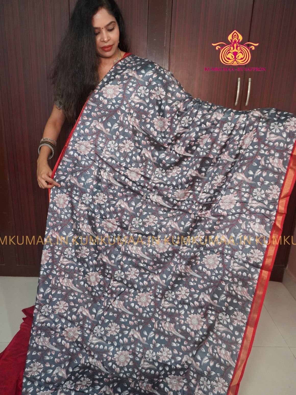 MUL COTTON SILK- GRAY & RED SAREE WITH BLOUSE - FLORAL PEACOCK PRINT- SOFTEST EVERYDAY WEAR - BEST COTTON SAREE- COMFORT AND TRENDY - STYLE WITH COMFORT - Kumkumaa EVERYDAY SAREE