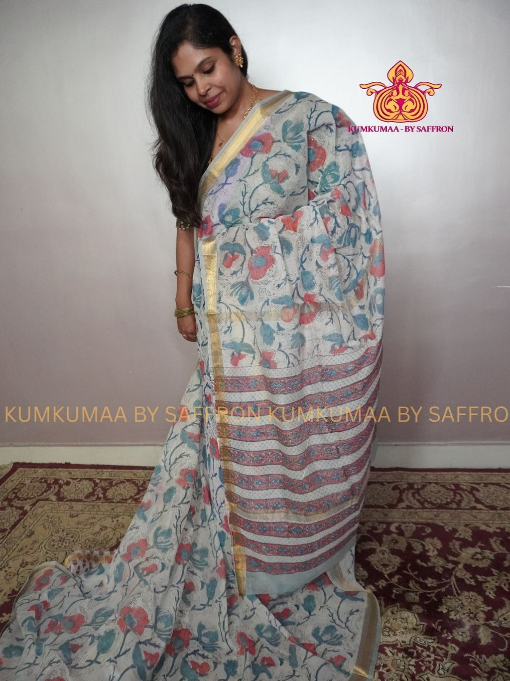 HAND WOVEN SILK -PURE MAHESHWARI SILK SAREE - OFF WHITE WITH PASTEL FLORAL AND PRINTED SAREE - LATEST COLLECTION - KUMKUMAA BY SAFFRON - COMFORT AND ELEGANCE