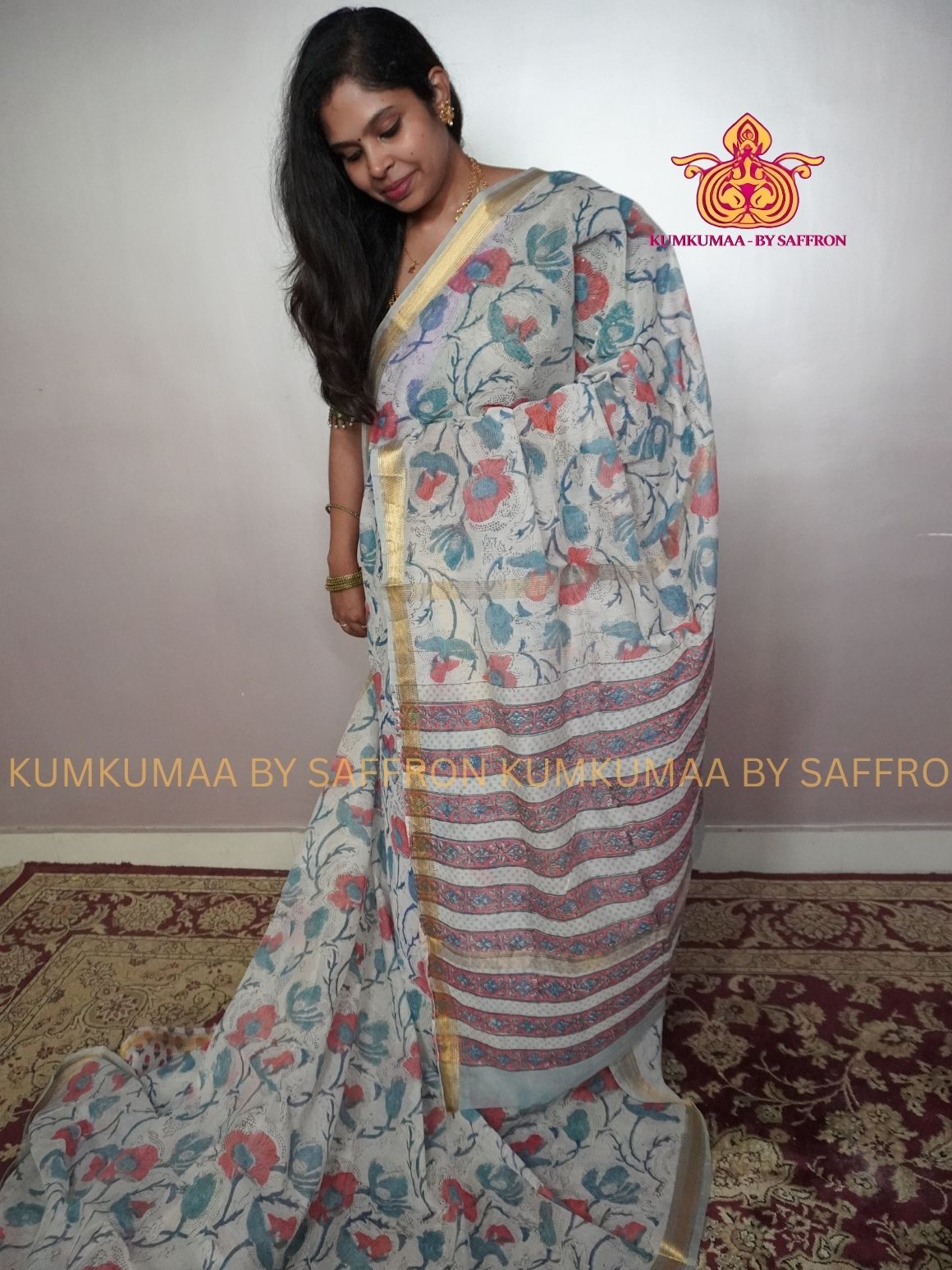 HAND WOVEN SILK -PURE MAHESHWARI SILK SAREE - OFF WHITE WITH PASTEL FLORAL AND PRINTED SAREE - LATEST COLLECTION - KUMKUMAA BY SAFFRON - COMFORT AND ELEGANCE