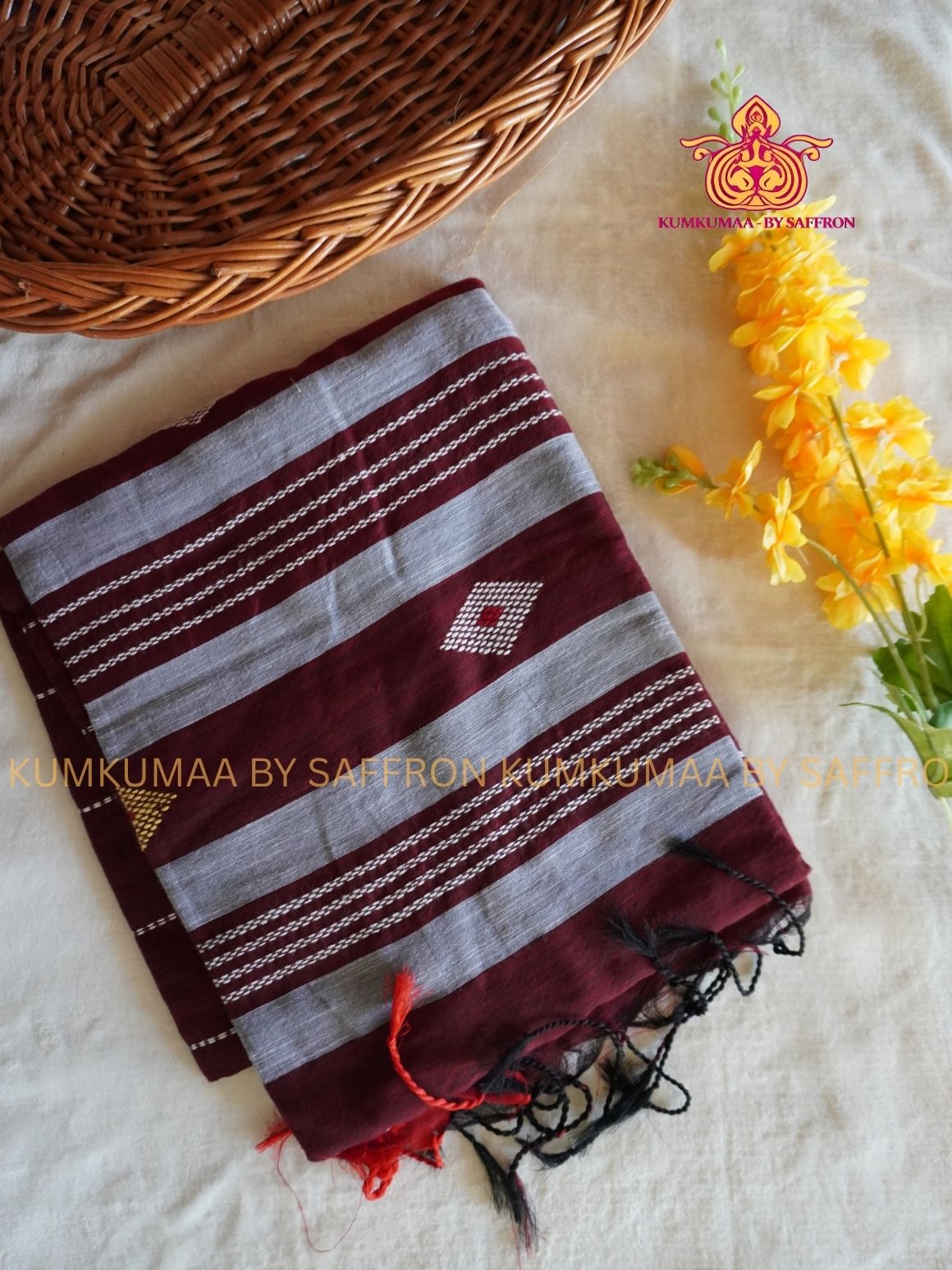 PURE COTTON-MAROON STRIPPED PRINT SAREE WITH BLOUSE - SOFT COMFORTABLE AND TRENDY - GEOMETRIC DESIGN - Kumkumaa Exclusive COLLECTION - LATEST ELEGANT SAREE